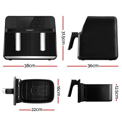 Devanti Air Fryer 8L Dual Zone Fryers AF-K-J-NA8D-BK
