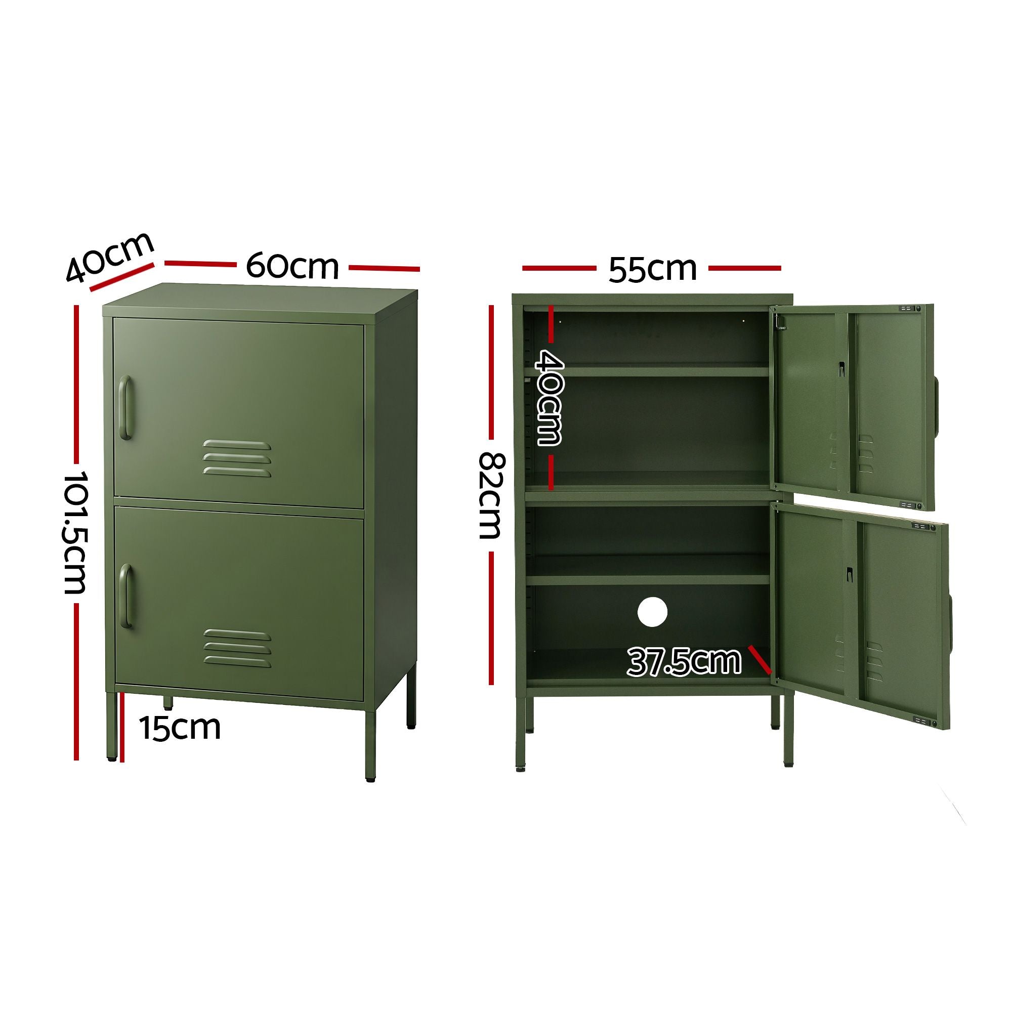Artiss 2x Buffet Sideboard Cabinet Storage Cupboard 2 Doors Metal Green DOUBLE AI-LOCKER-SMI-GNX2
