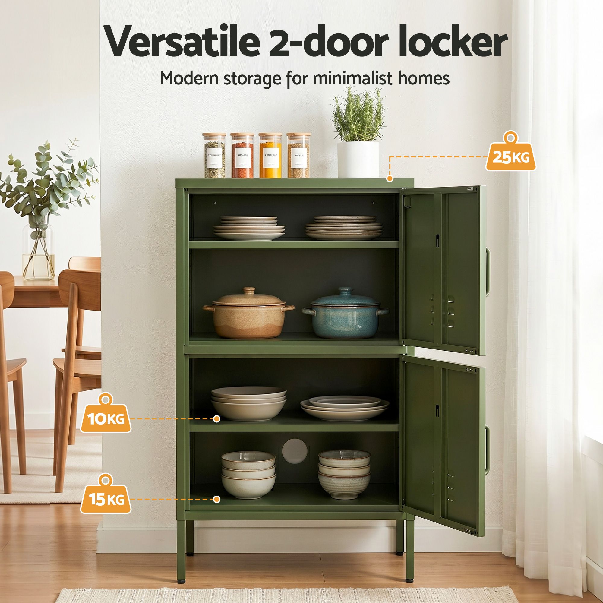 Artiss 2x Buffet Sideboard Cabinet Storage Cupboard 2 Doors Metal Green DOUBLE AI-LOCKER-SMI-GNX2