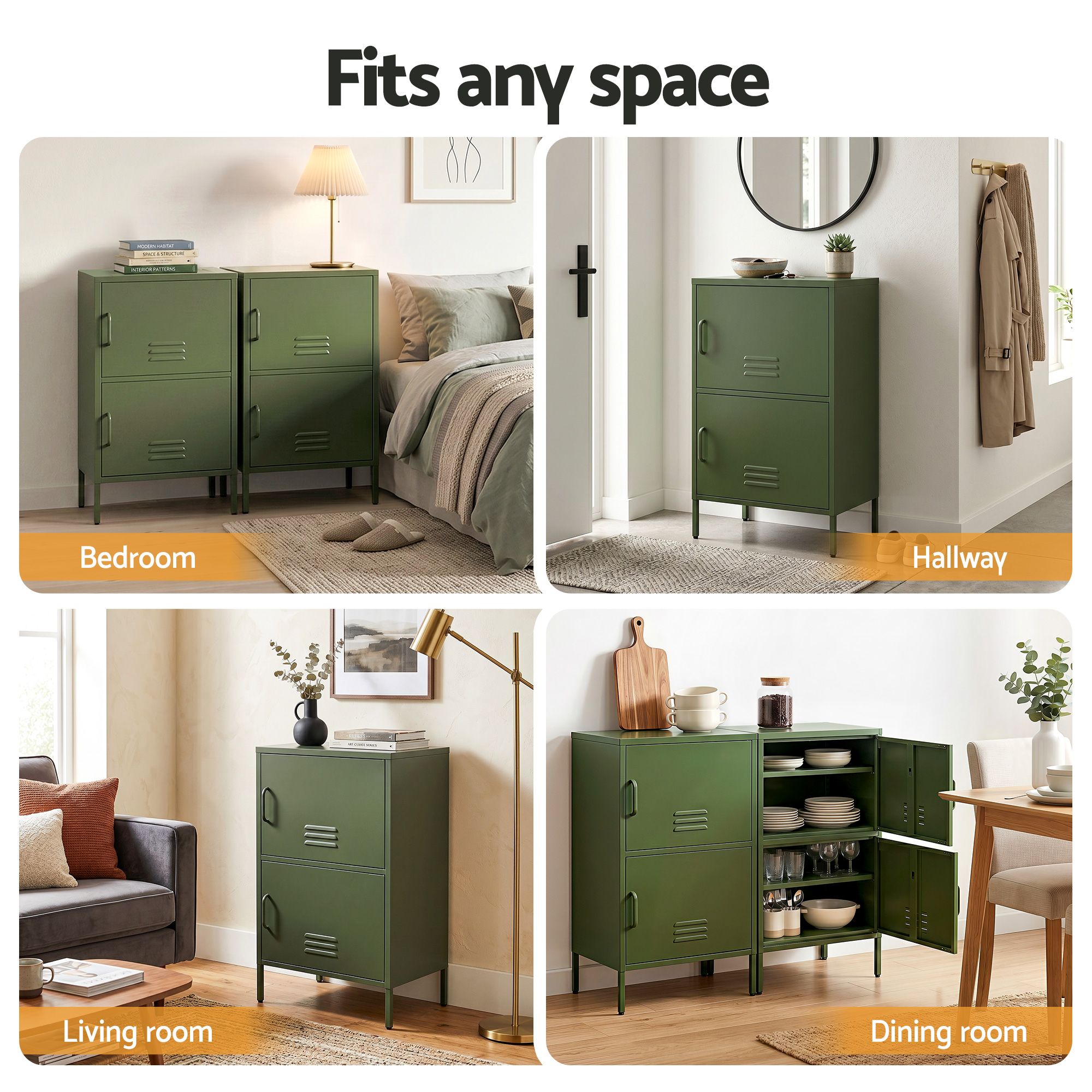 Artiss 2x Buffet Sideboard Cabinet Storage Cupboard 2 Doors Metal Green DOUBLE AI-LOCKER-SMI-GNX2