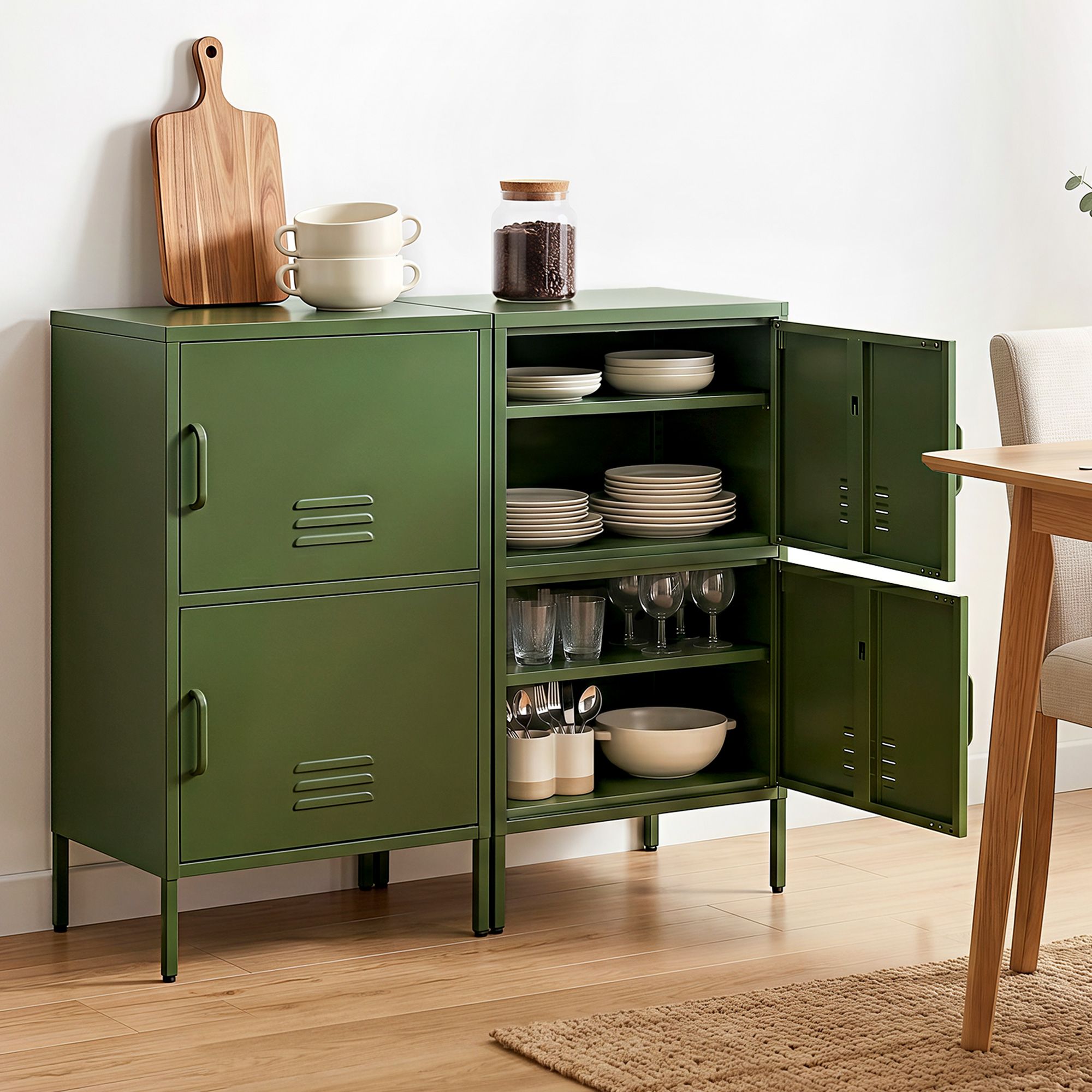 Artiss 2x Buffet Sideboard Cabinet Storage Cupboard 2 Doors Metal Green DOUBLE AI-LOCKER-SMI-GNX2