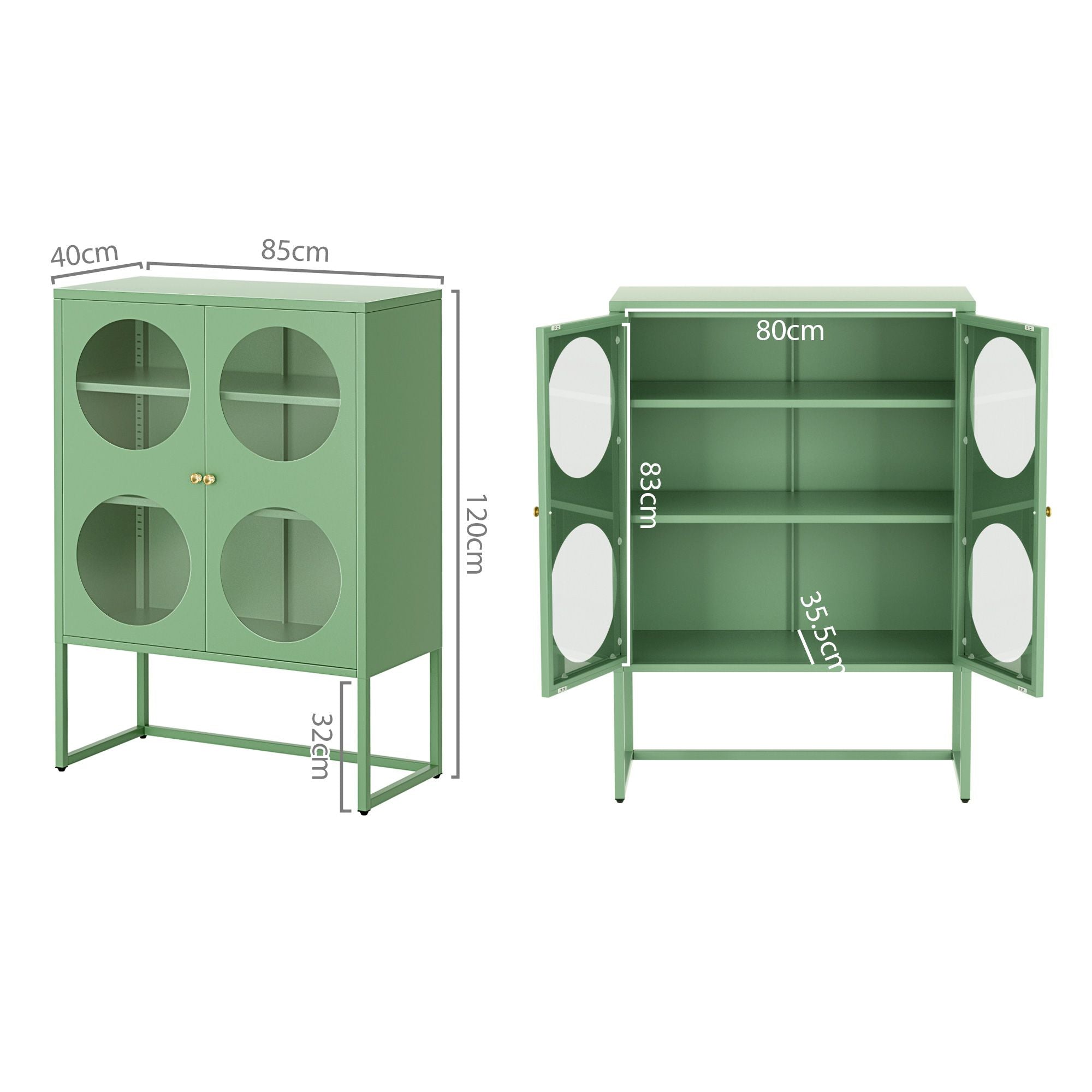 Artiss 2x Buffet Sideboard Cabinet ELLA Cupboard Storage Glass Doors Metal Green AI-SIDE-GL-03-GN-ABX2