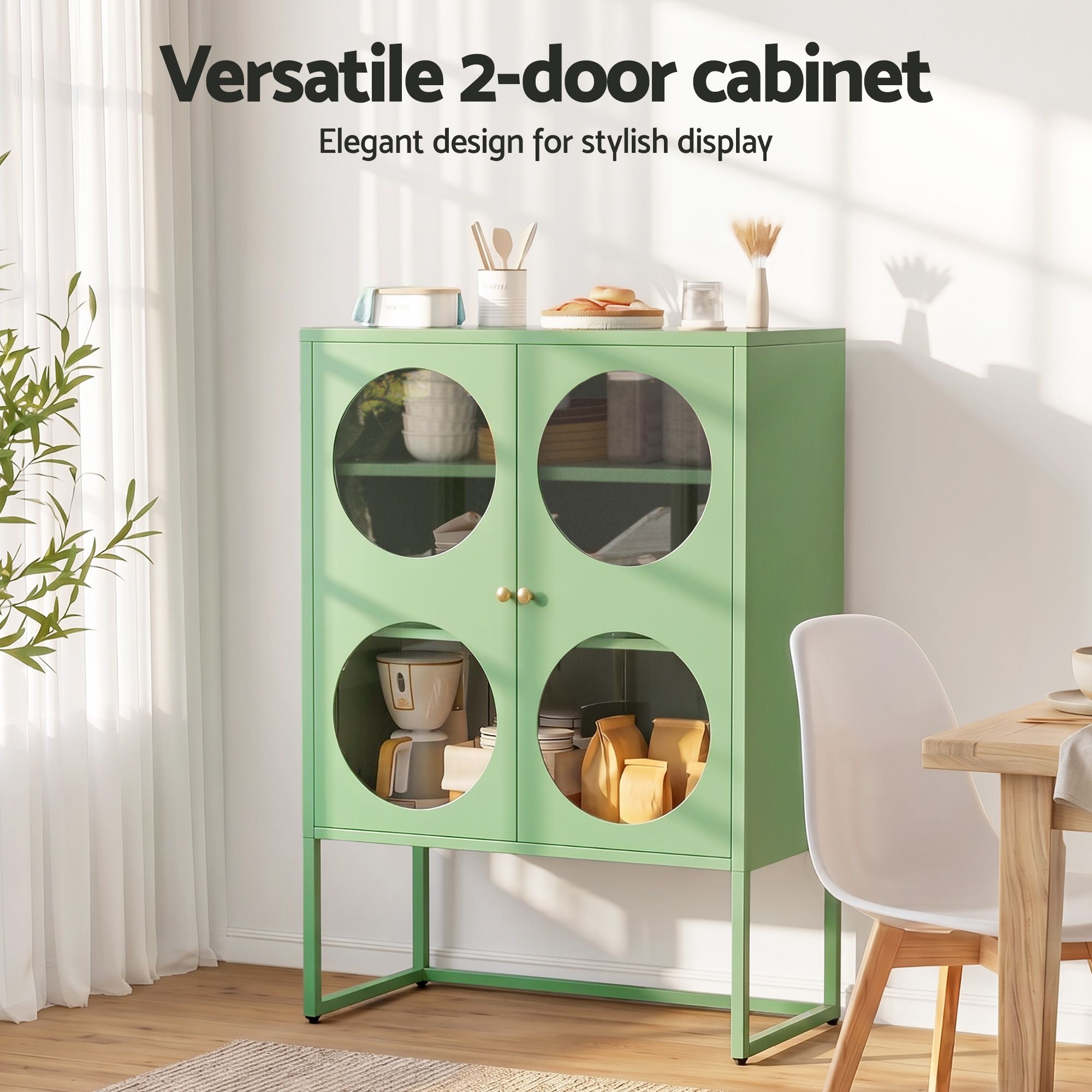 Artiss 2x Buffet Sideboard Cabinet ELLA Cupboard Storage Glass Doors Metal Green AI-SIDE-GL-03-GN-ABX2