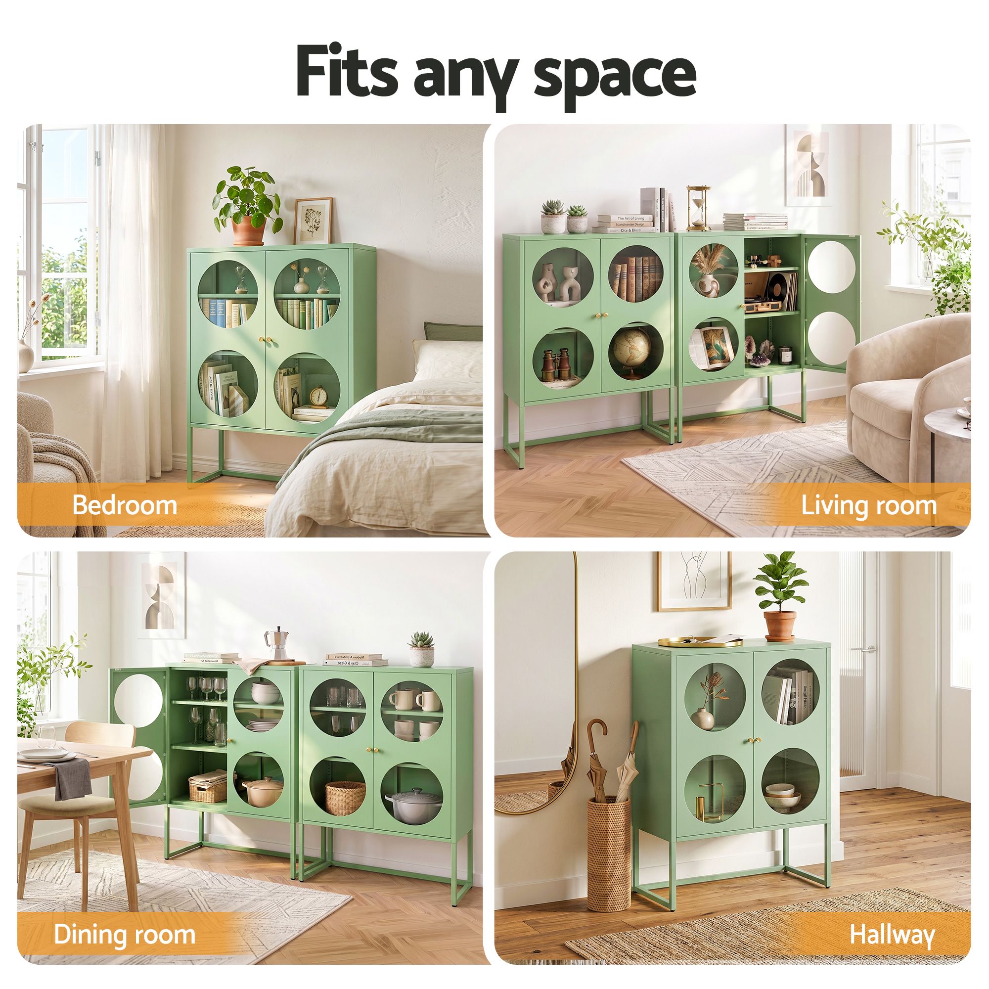 Artiss 2x Buffet Sideboard Cabinet ELLA Cupboard Storage Glass Doors Metal Green AI-SIDE-GL-03-GN-ABX2