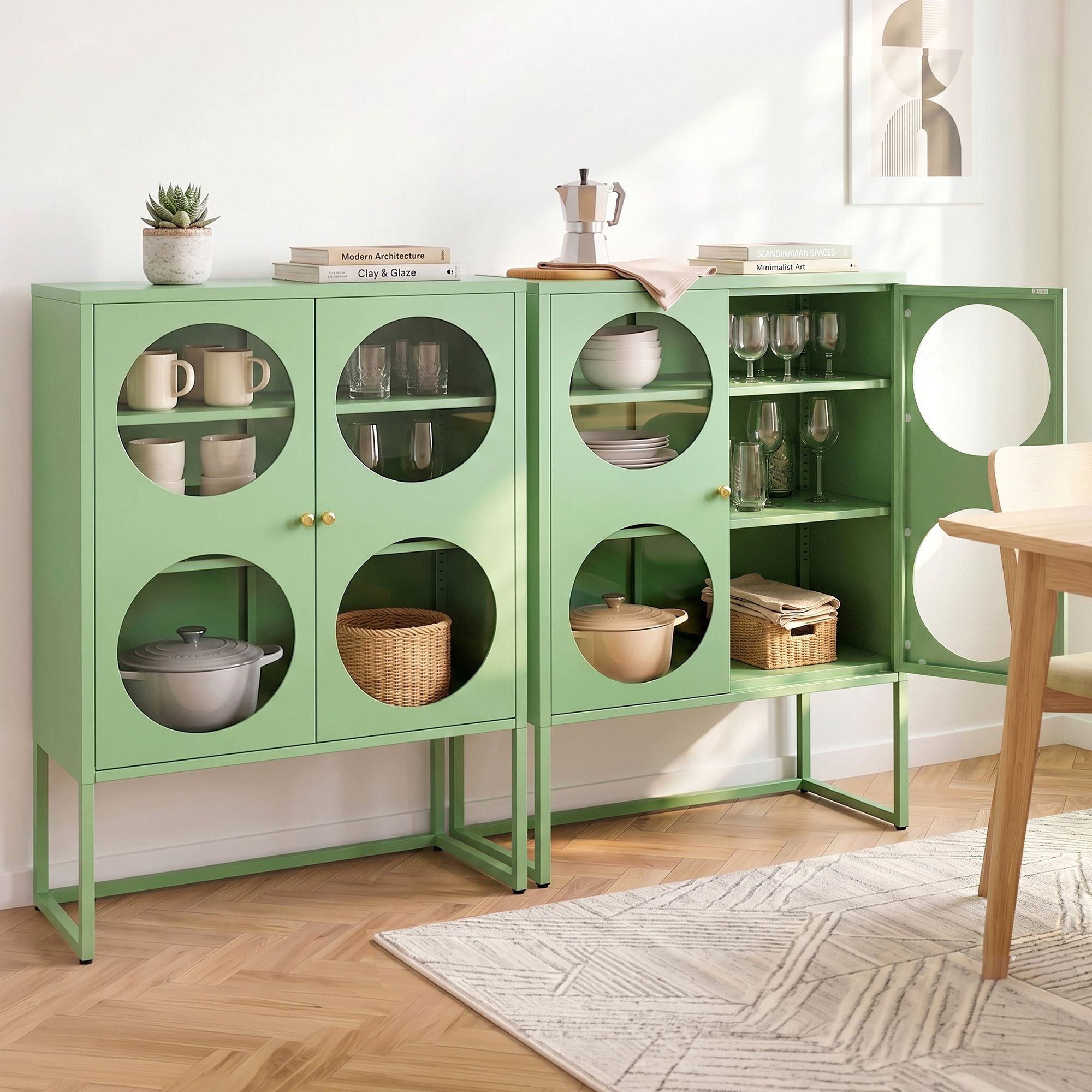 Artiss 2x Buffet Sideboard Cabinet ELLA Cupboard Storage Glass Doors Metal Green AI-SIDE-GL-03-GN-ABX2