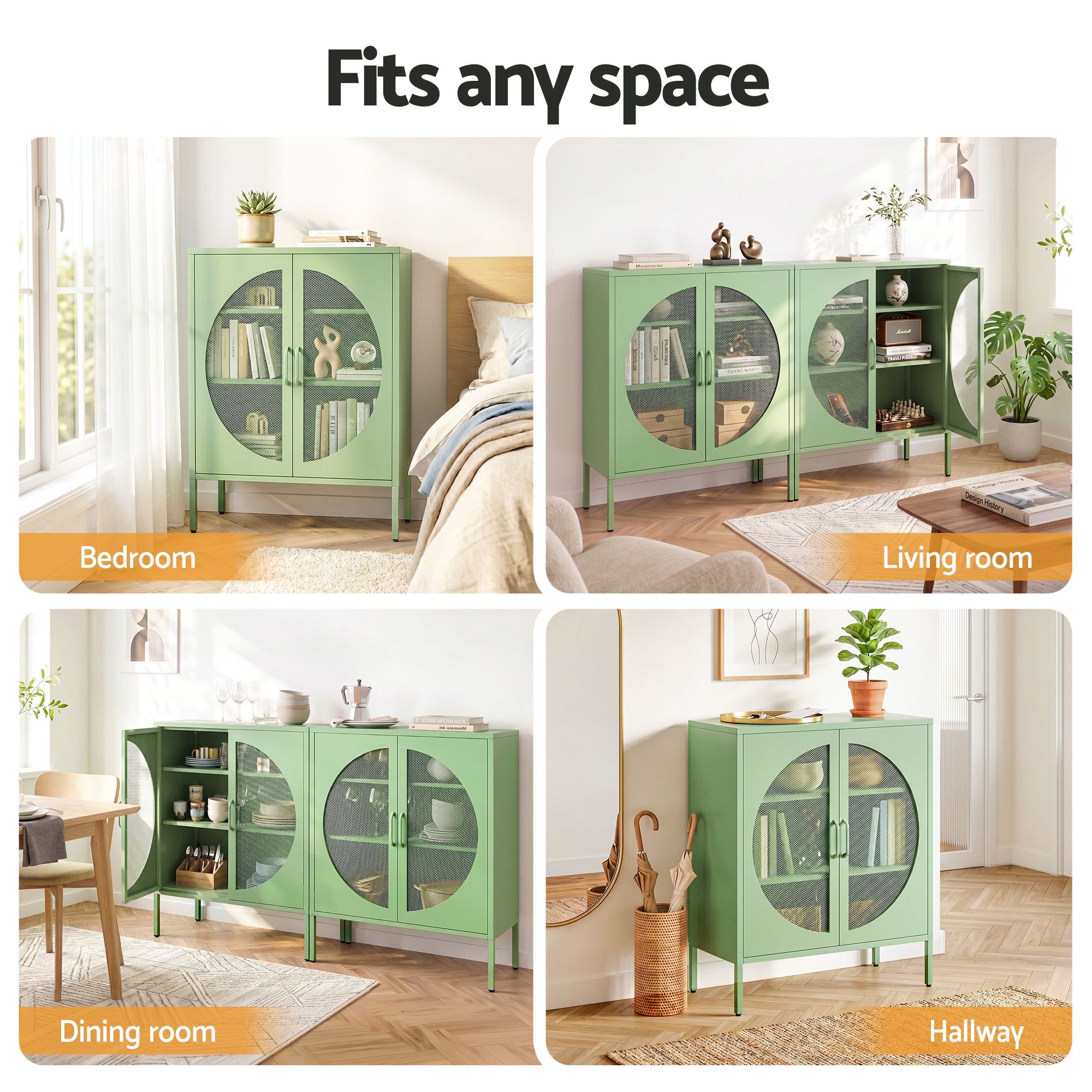 Artiss 2x Buffet Sideboard Cabinet ELSA Cupboard Storage Mesh Doors Metal Green AI-SIDE-M-01-GNX2