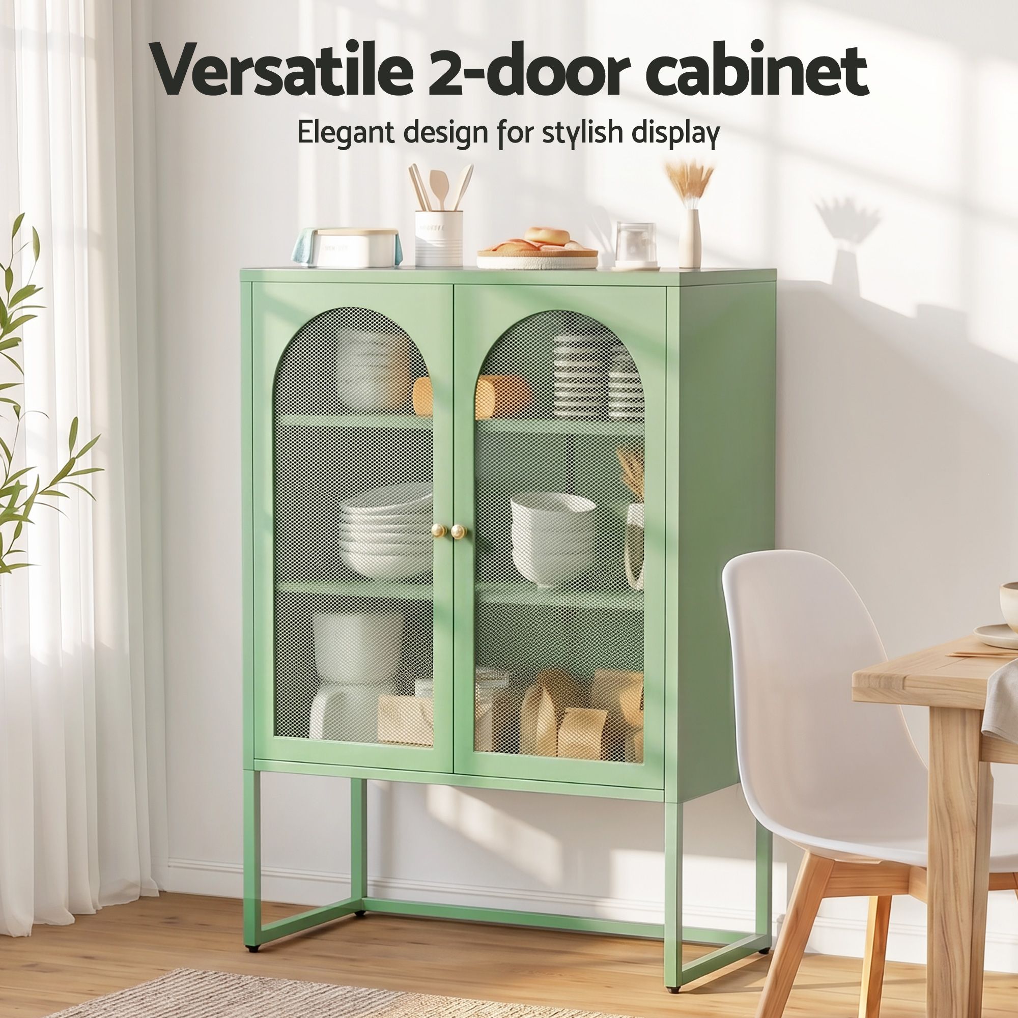 Artiss 2x Buffet Sideboard Cabinet ELMA Cupboard Storage Mesh Doors Metal Green AI-SIDE-M-04-GN-ABX2