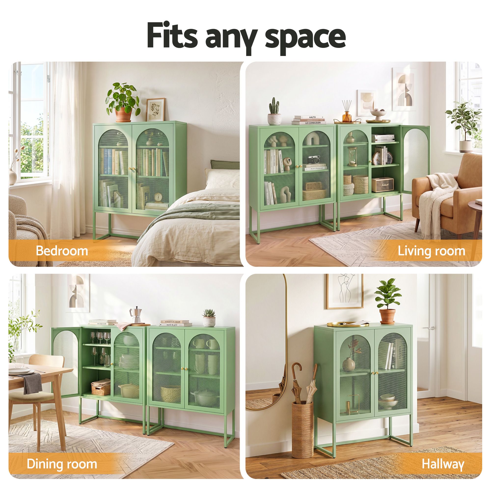 Artiss 2x Buffet Sideboard Cabinet ELMA Cupboard Storage Mesh Doors Metal Green AI-SIDE-M-04-GN-ABX2