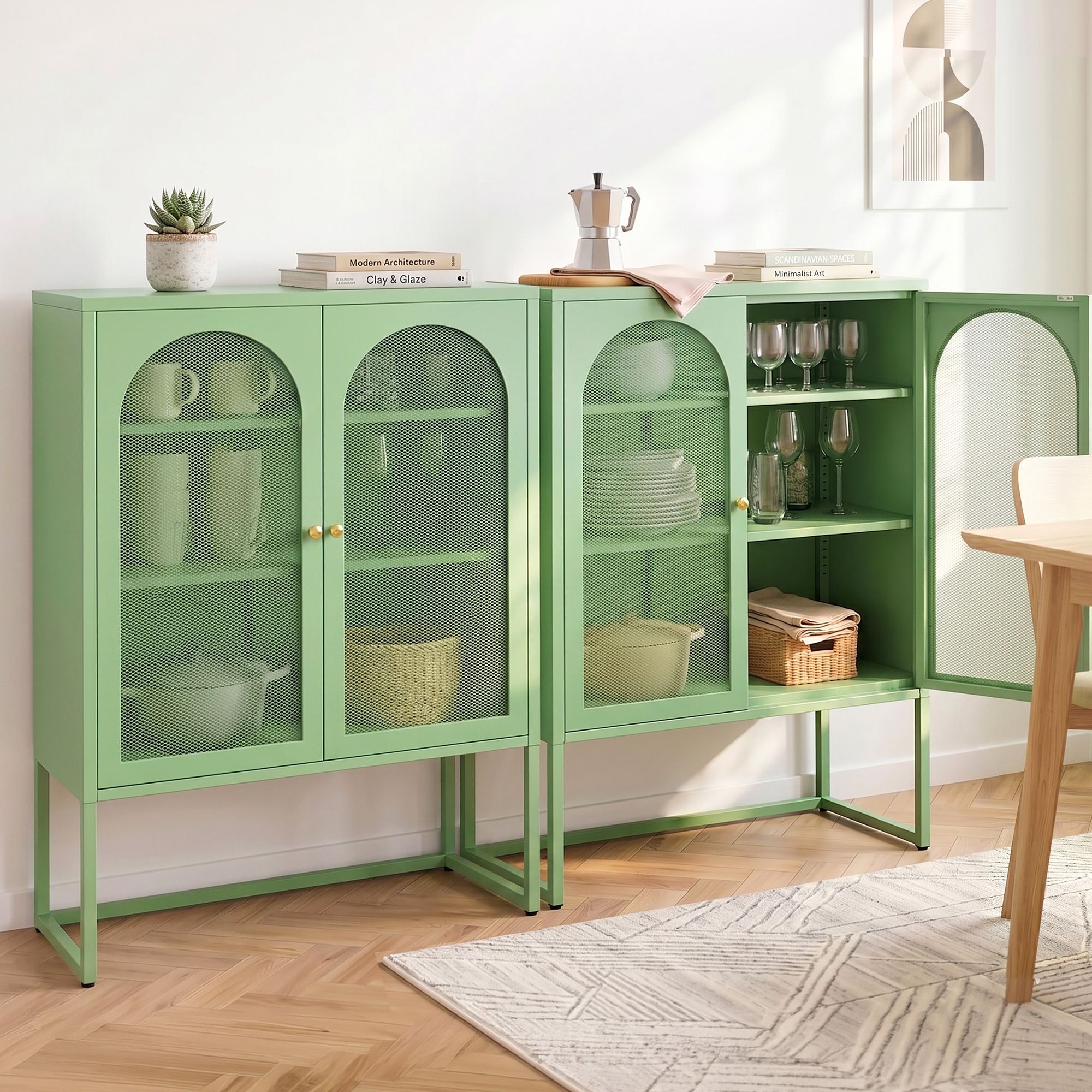 Artiss 2x Buffet Sideboard Cabinet ELMA Cupboard Storage Mesh Doors Metal Green AI-SIDE-M-04-GN-ABX2