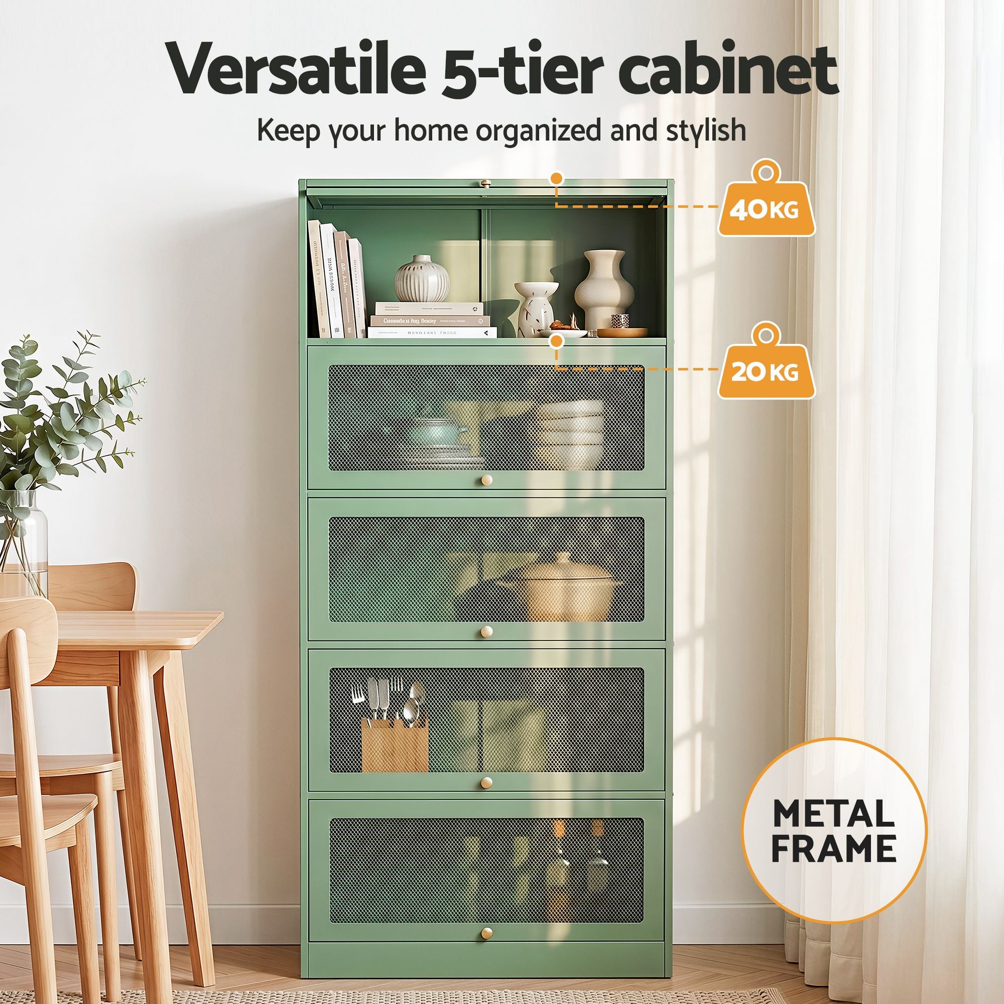 Artiss Buffet Sideboard Metal Cabinet - ELIA Green AI-SIDE-M-5D-02-GN-AB