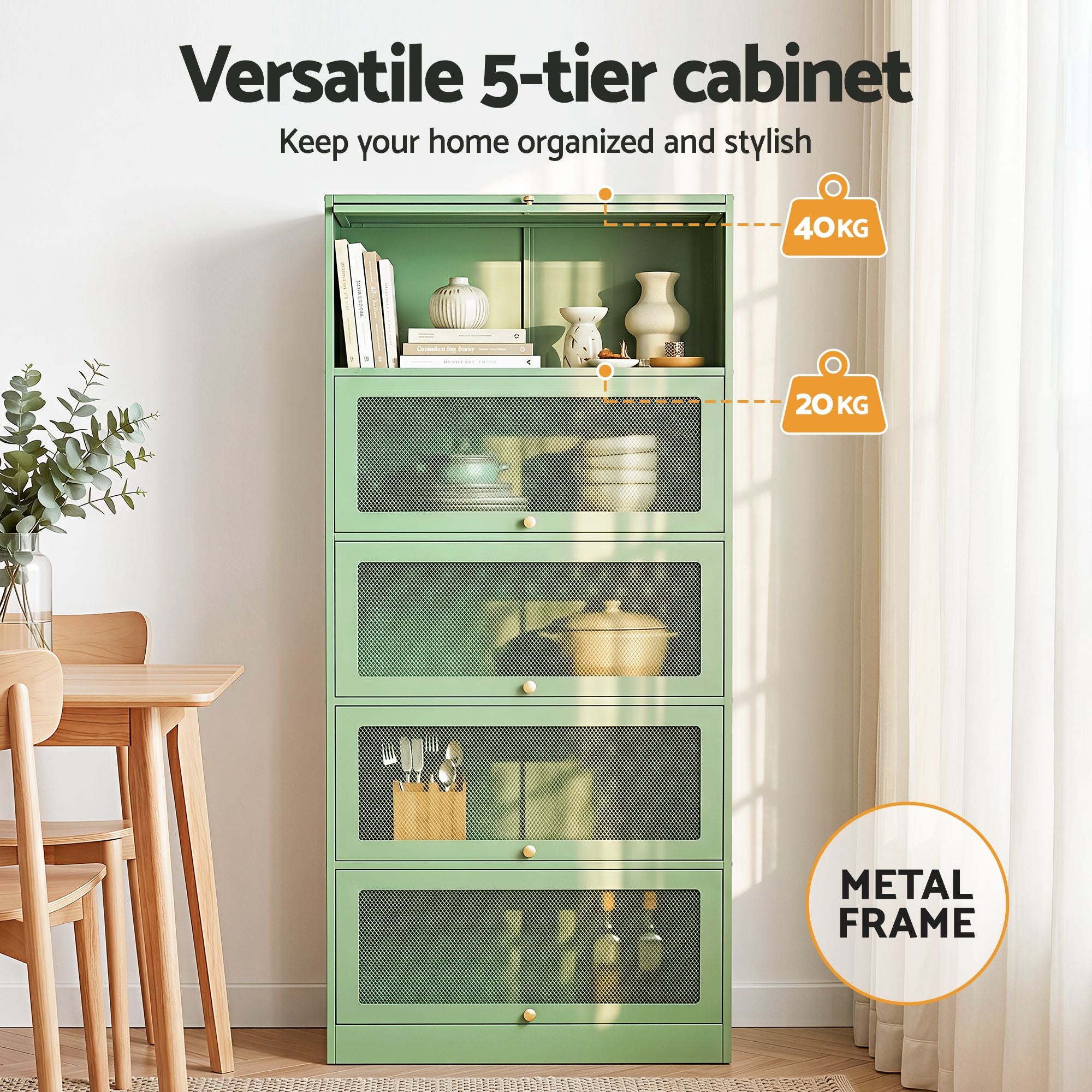 Artiss 2x Buffet Sideboard Cabinet Storage Cupboard Mesh Doors Metal ELIA Green AI-SIDE-M-5D-02-GN-ABX2