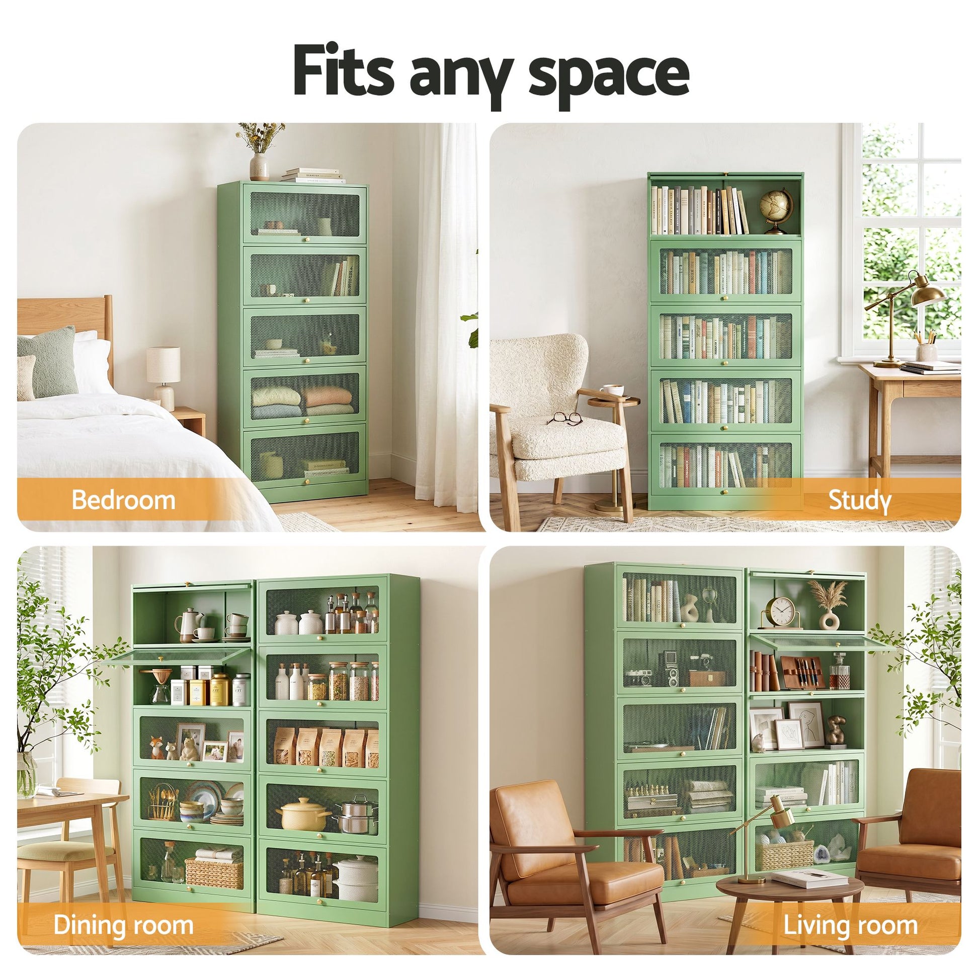 Artiss 2x Buffet Sideboard Cabinet Storage Cupboard Mesh Doors Metal ELIA Green AI-SIDE-M-5D-02-GN-ABX2