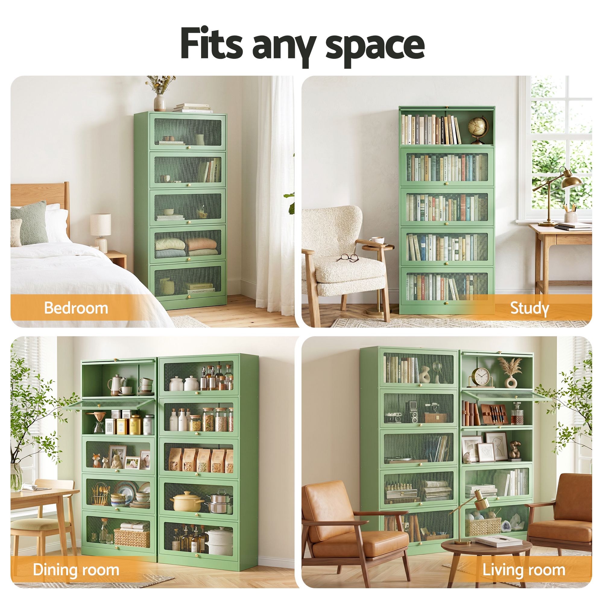 Artiss 2x Buffet Sideboard Cabinet Storage Cupboard Mesh Doors Metal ELIA Green AI-SIDE-M-5D-02-GN-ABX2