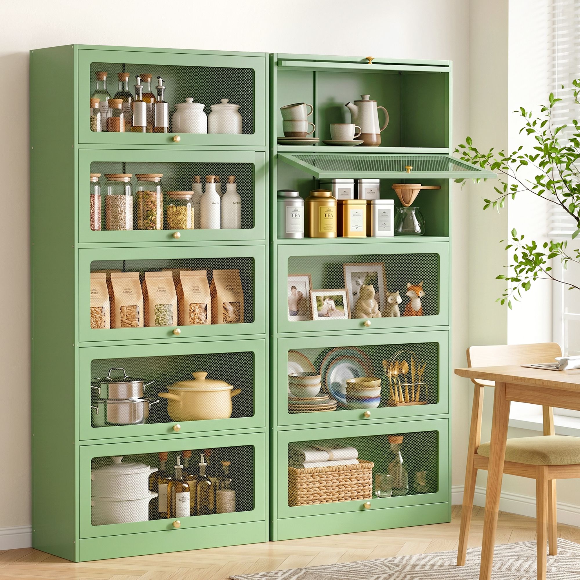 Artiss 2x Buffet Sideboard Cabinet Storage Cupboard Mesh Doors Metal ELIA Green AI-SIDE-M-5D-02-GN-ABX2