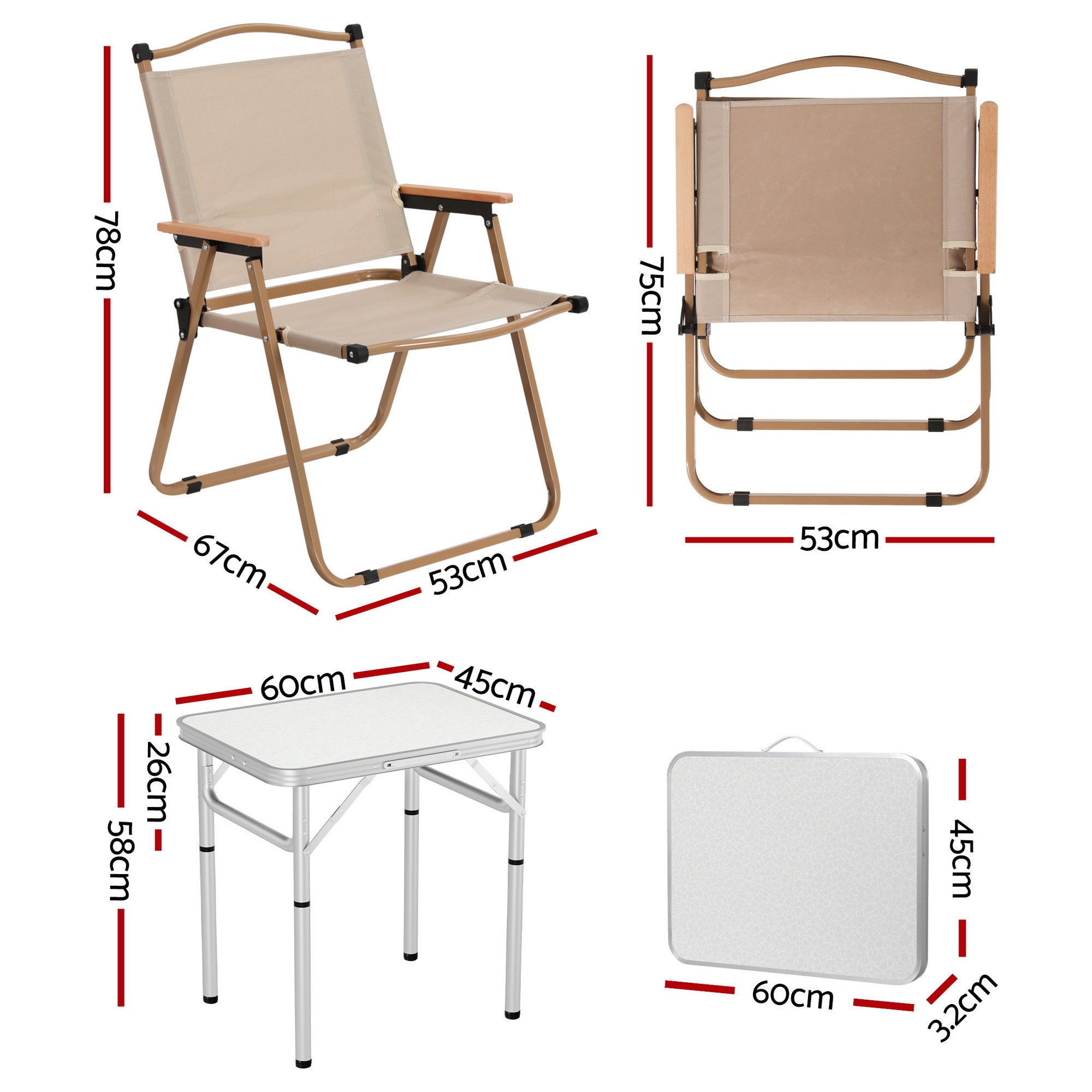 Weisshorn 3pc Camping Table Chair Set Outdoor Folding Aluminium Portable Picnic ALU-FOLD-BGX2-MDF-60