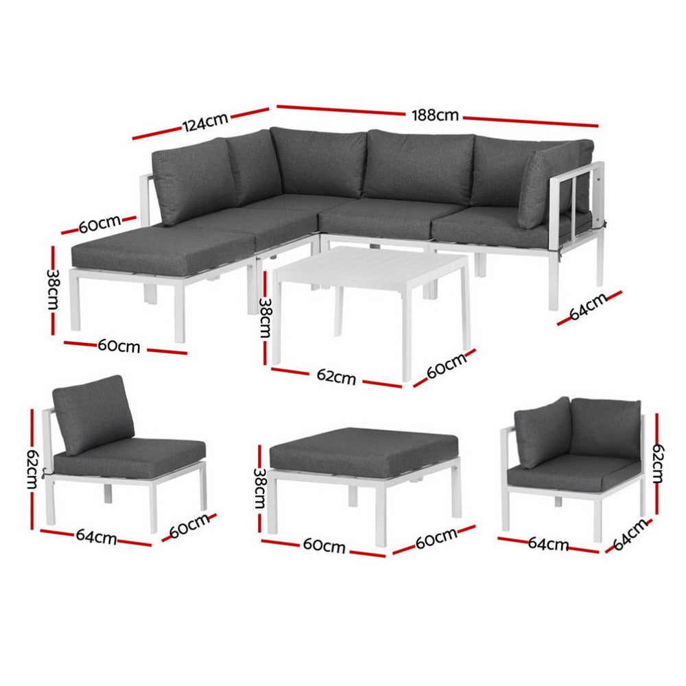 Gardeon 6PCS Outdoor Sofa Set Aluminium Table and Chairs Lounge Patio Furniture ALU-SOFA-AL-6PCS-WH-AB