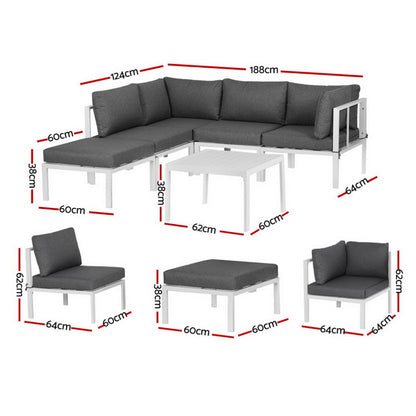 Gardeon 6PCS Outdoor Sofa Set Aluminium Table and Chairs Lounge Patio Furniture ALU-SOFA-AL-6PCS-WH-AB