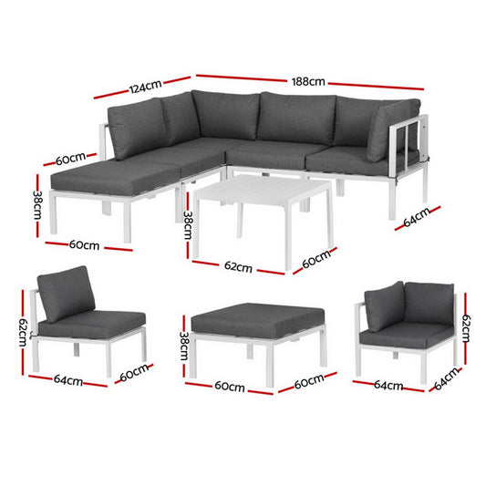 Gardeon 6PCS Outdoor Sofa Set Aluminium Table and Chairs Lounge Patio Furniture ALU-SOFA-AL-6PCS-WH-AB