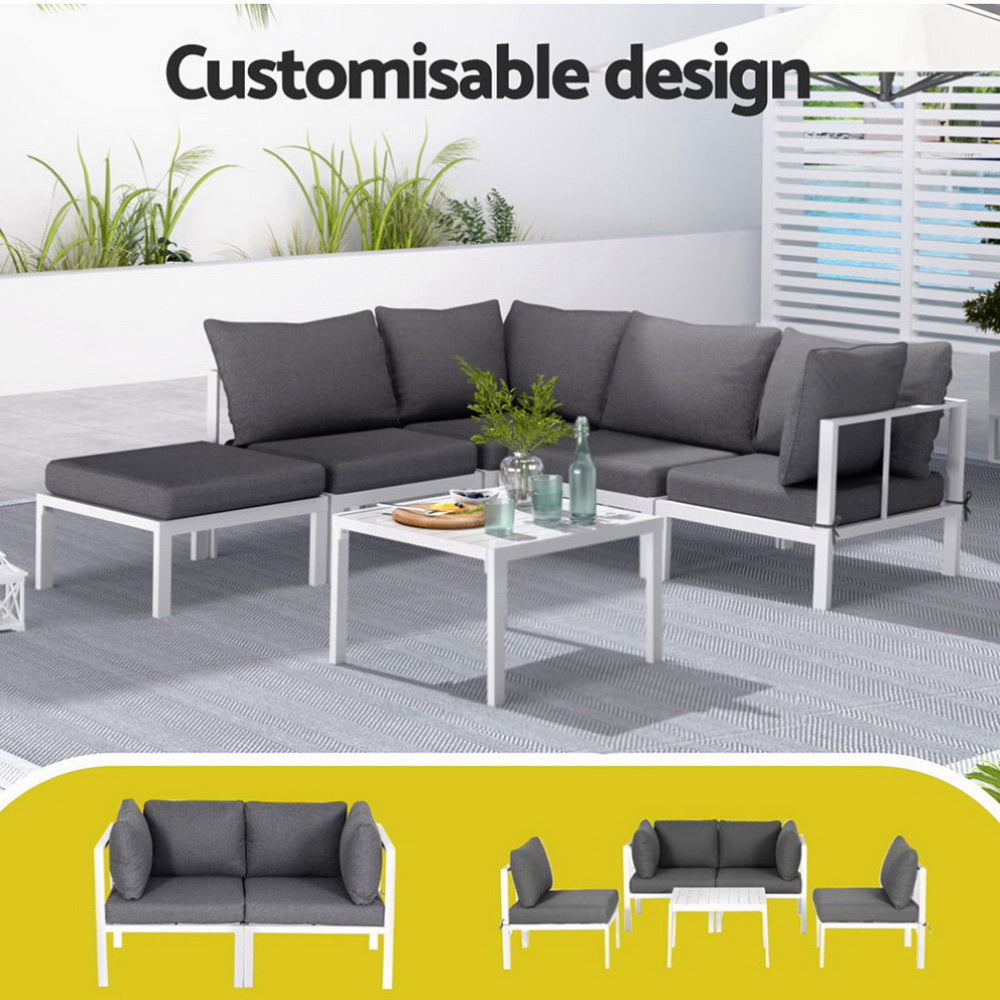 Gardeon 6PCS Outdoor Sofa Set Aluminium Table and Chairs Lounge Patio Furniture ALU-SOFA-AL-6PCS-WH-AB