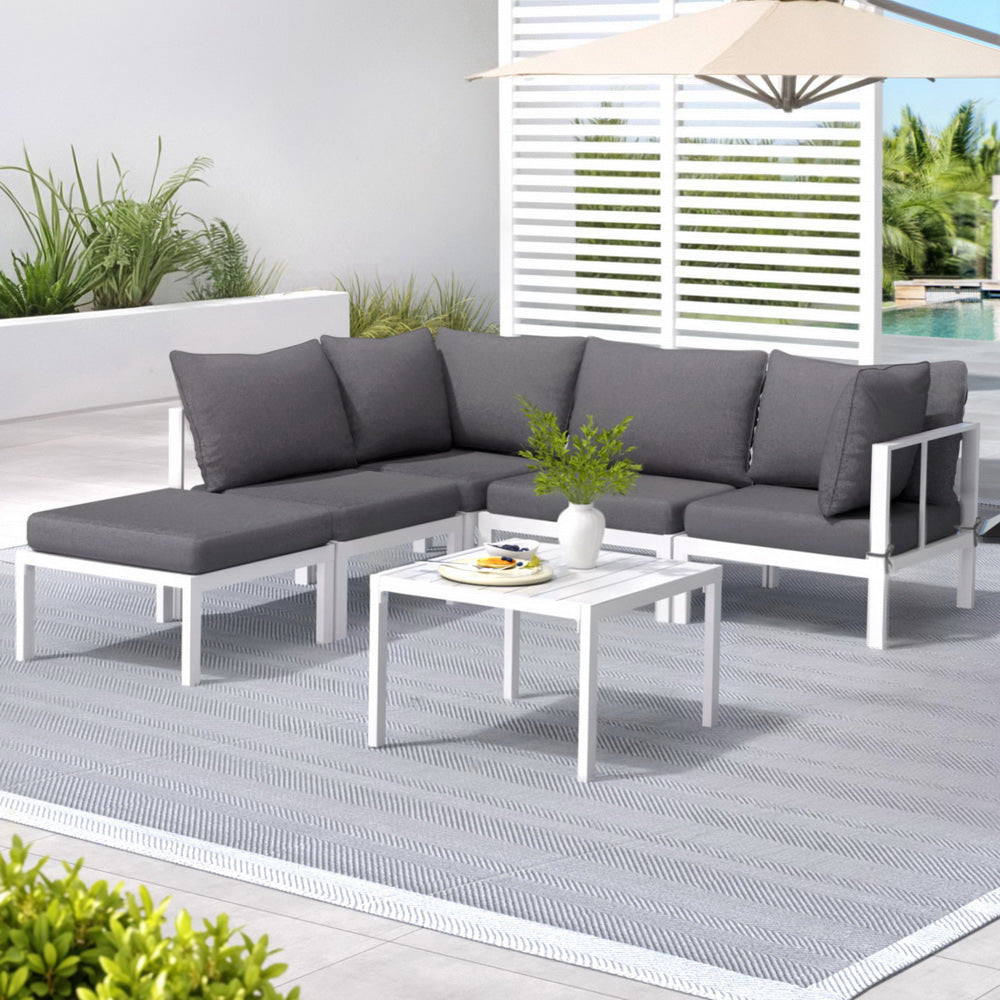 Gardeon 6PCS Outdoor Sofa Set Aluminium Table and Chairs Lounge Patio Furniture ALU-SOFA-AL-6PCS-WH-AB