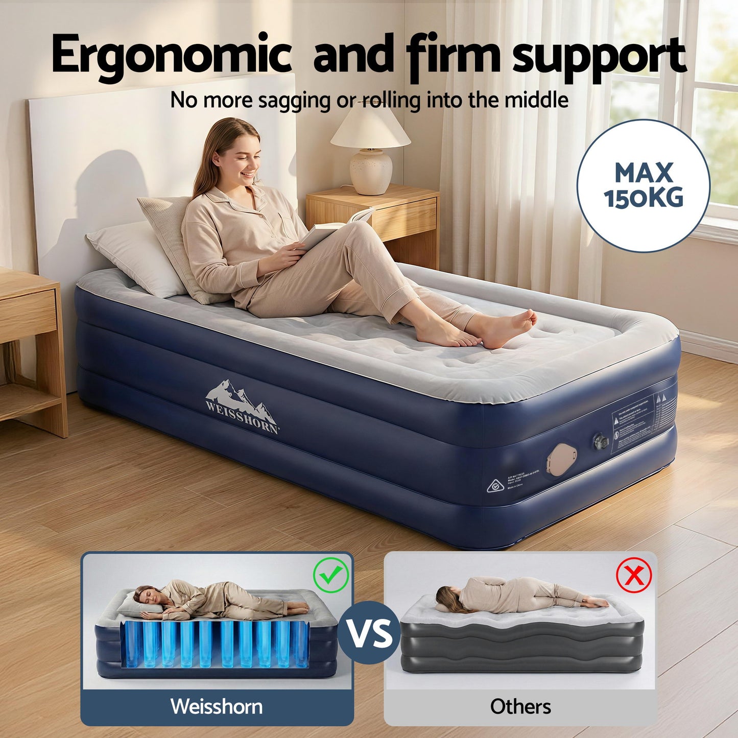 Weisshorn Air Mattress Single Inflatable Bed 46cm Air bed Cube AMAT-CUB03-46-S-GYBL
