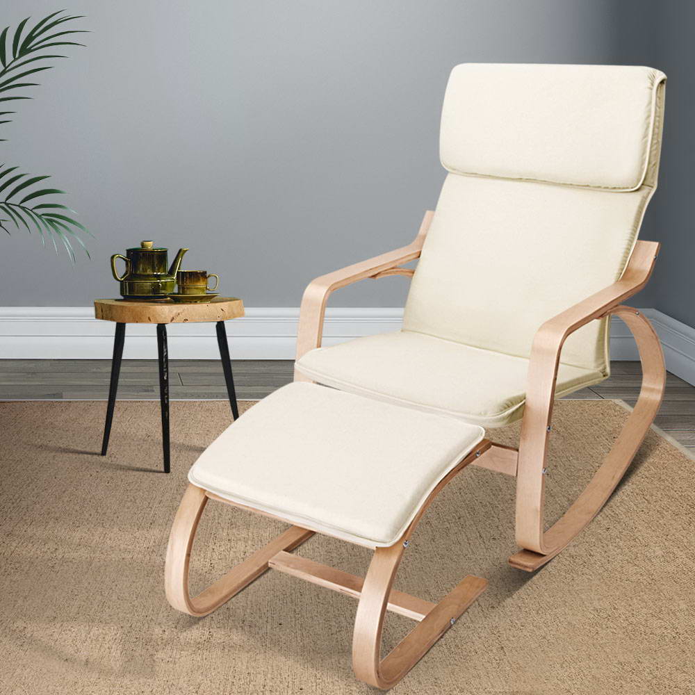 Artiss Rocking Armchair Footstool Bentwood Beige ARMCHAIR-STOOL-BG
