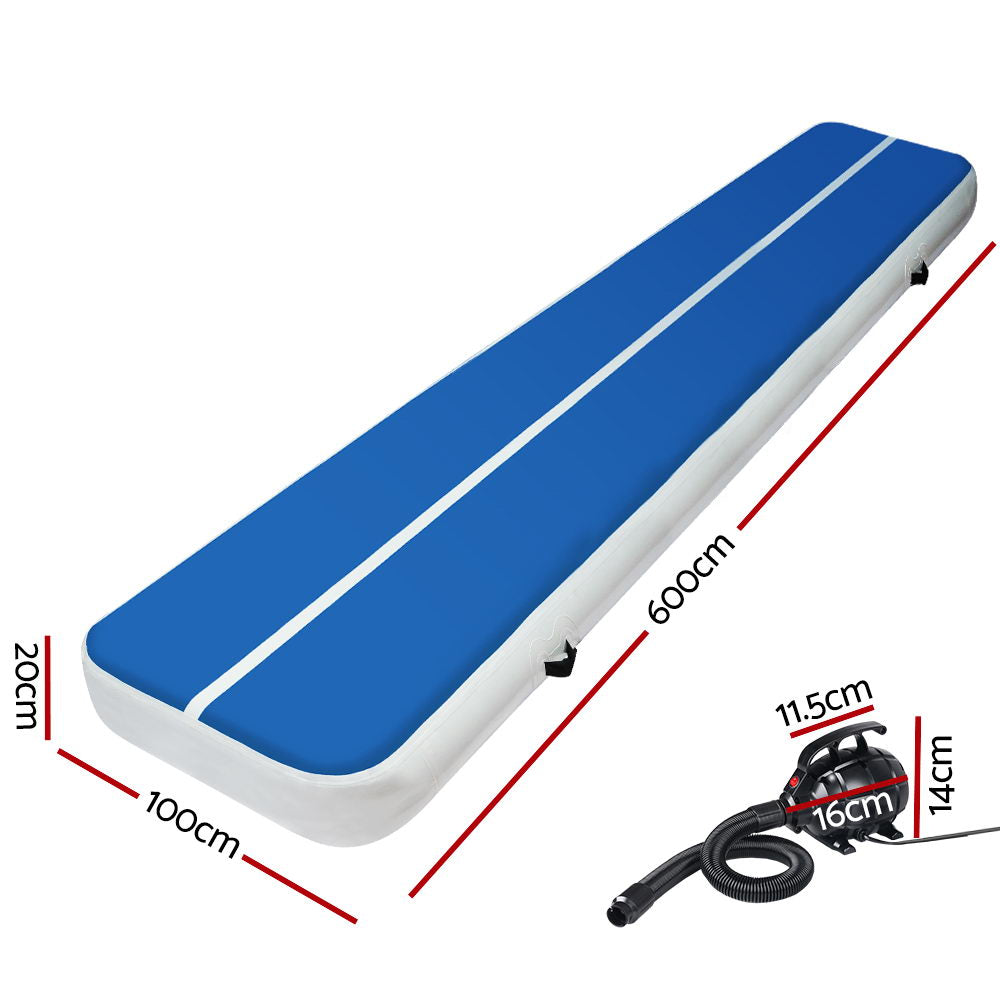 Everfit 6X1M Inflatable Air Track Mat 20CM Thick with Pump Tumbling Gymnastics Blue ATM-6-1-02M-BL-AP
