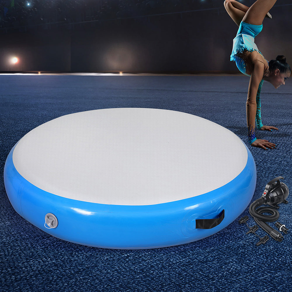 Everfit 1m Air Track Spot Inflatable Gymnastics Tumbling Mat Round W/ Pump Blue ATM-R-1-02M-BL-AP