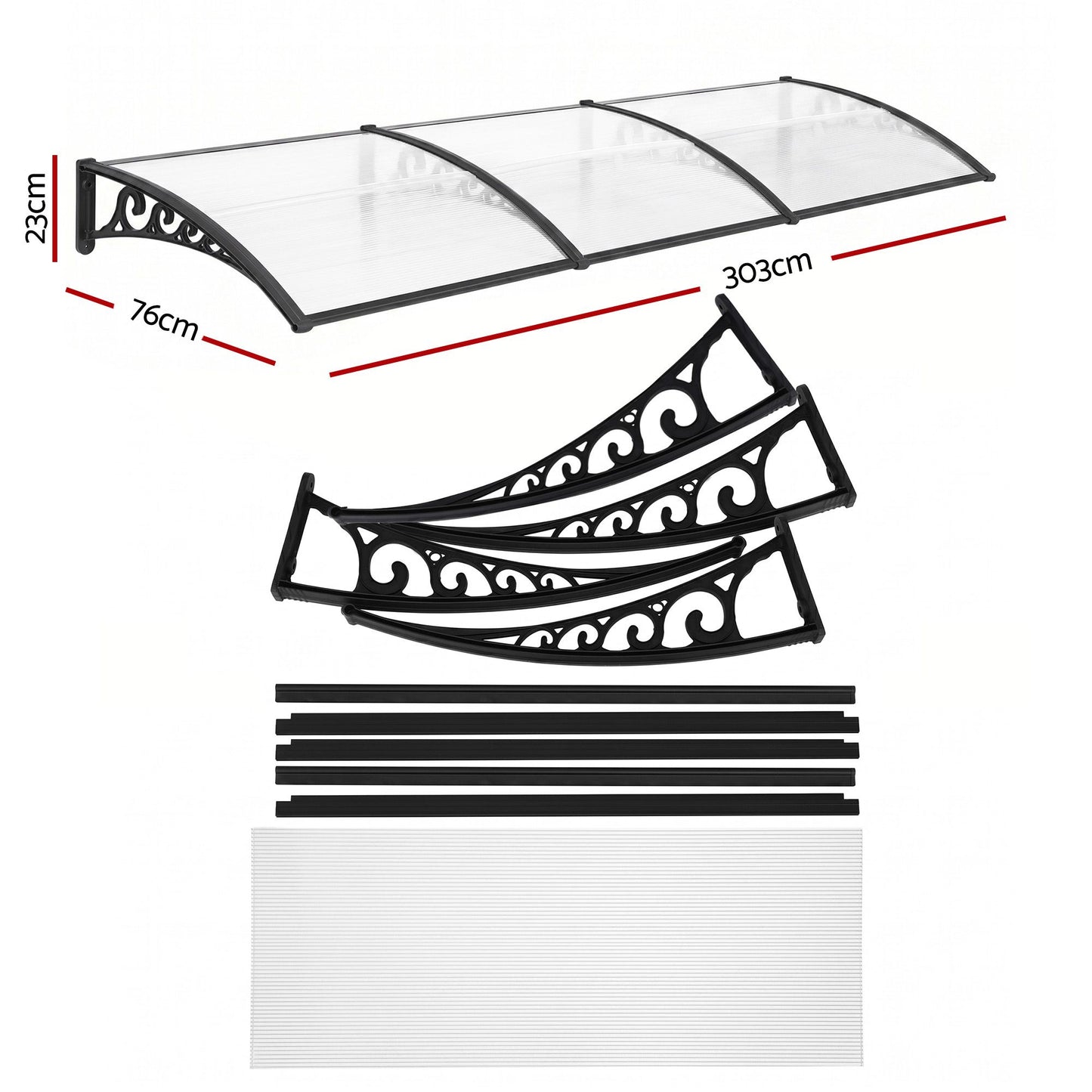 Instahut Window Door Awning 0.8mx3m Transparent AWN-08X3-CLR