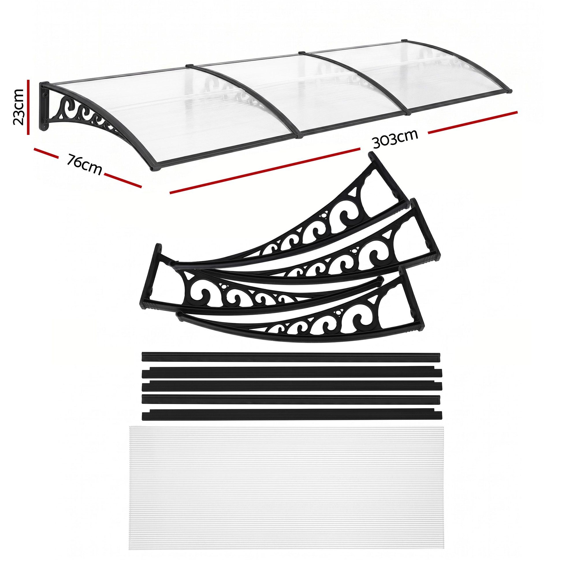 Instahut Window Door Awning 0.8mx3m Transparent AWN-08X3-CLR