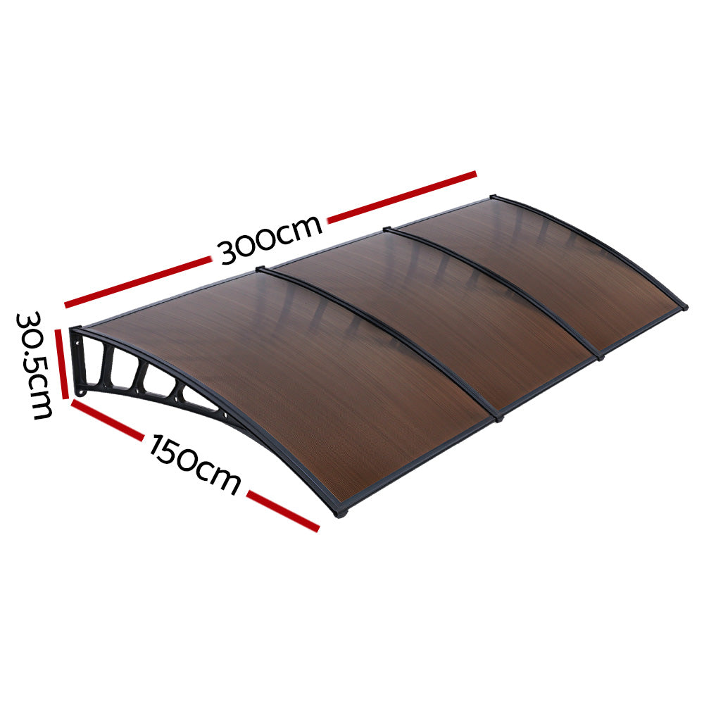Instahut Window Door Awning Canopy 1.5mx3m Brown Sheet Black Plastic Frame AWN-15X3-BR