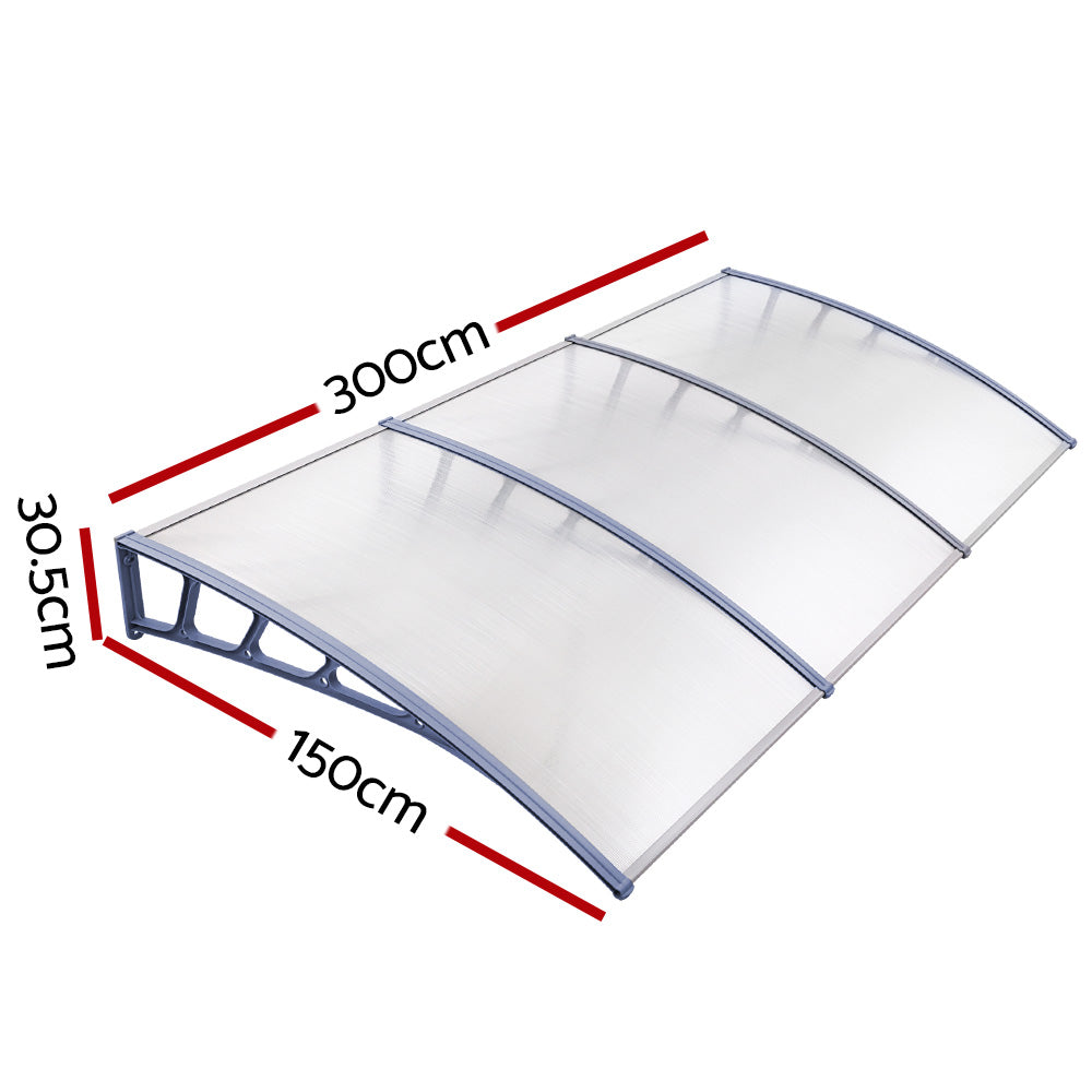 Instahut Window Door Awning Canopy 1.5mx3m Transparent Sheet Grey Plastic Frame AWN-15X3-CLR