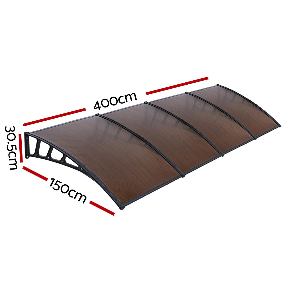 Instahut Window Door Awning Canopy 1.5mx4m Brown Sheet Black Plastic Frame AWN-15X4-BR