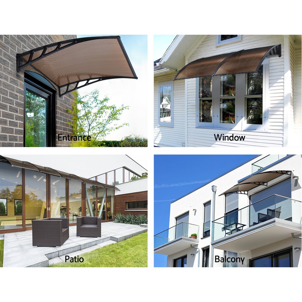 Instahut Window Door Awning Canopy 1.5mx4m Brown Sheet Black Plastic Frame AWN-15X4-BR