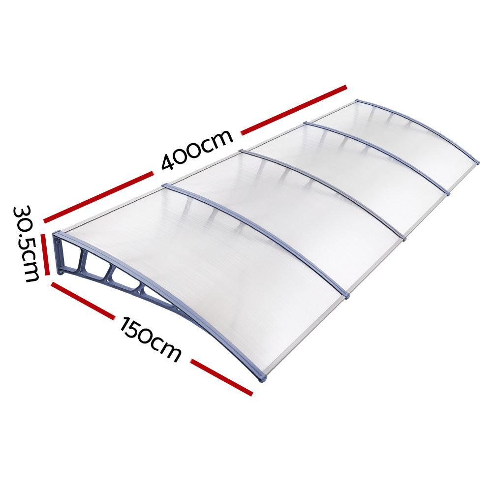 Instahut Window Door Awning Canopy 1.5mx4m Transparent Sheet Grey Plastic Frame AWN-15X4-CLR