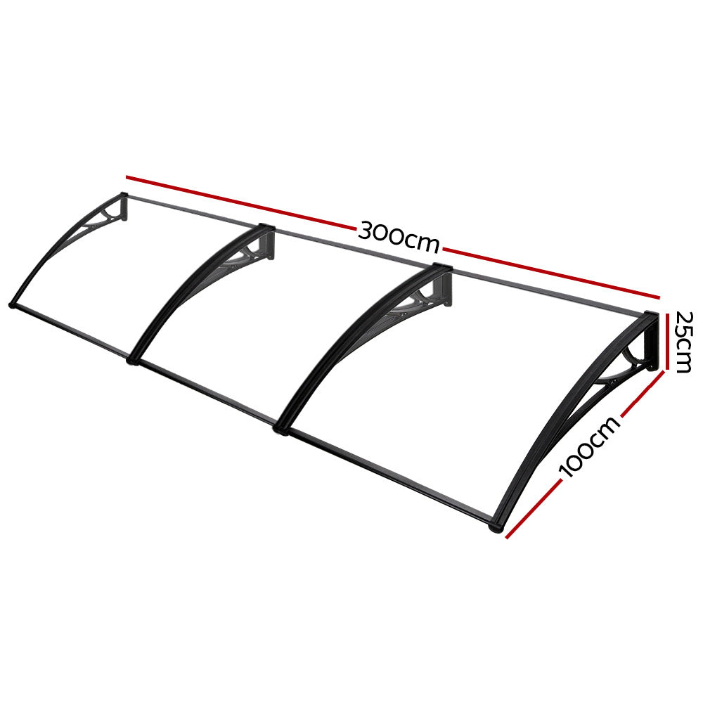 Instahut Window Door Awning Canopy 1mx3m Transparent Solid Sheet Plastic Frame AWN-1X3-SLD-CLR