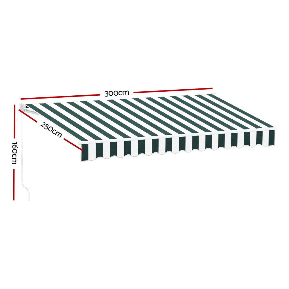 Instahut Retractable Folding Arm Awning Manual Sunshade 3Mx2.5M Green White AWN-B-ARM-30X25-GNWH