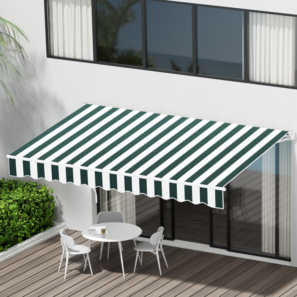 Instahut Retractable Folding Arm Awning Manual Sunshade 3Mx2.5M Green White AWN-B-ARM-30X25-GNWH