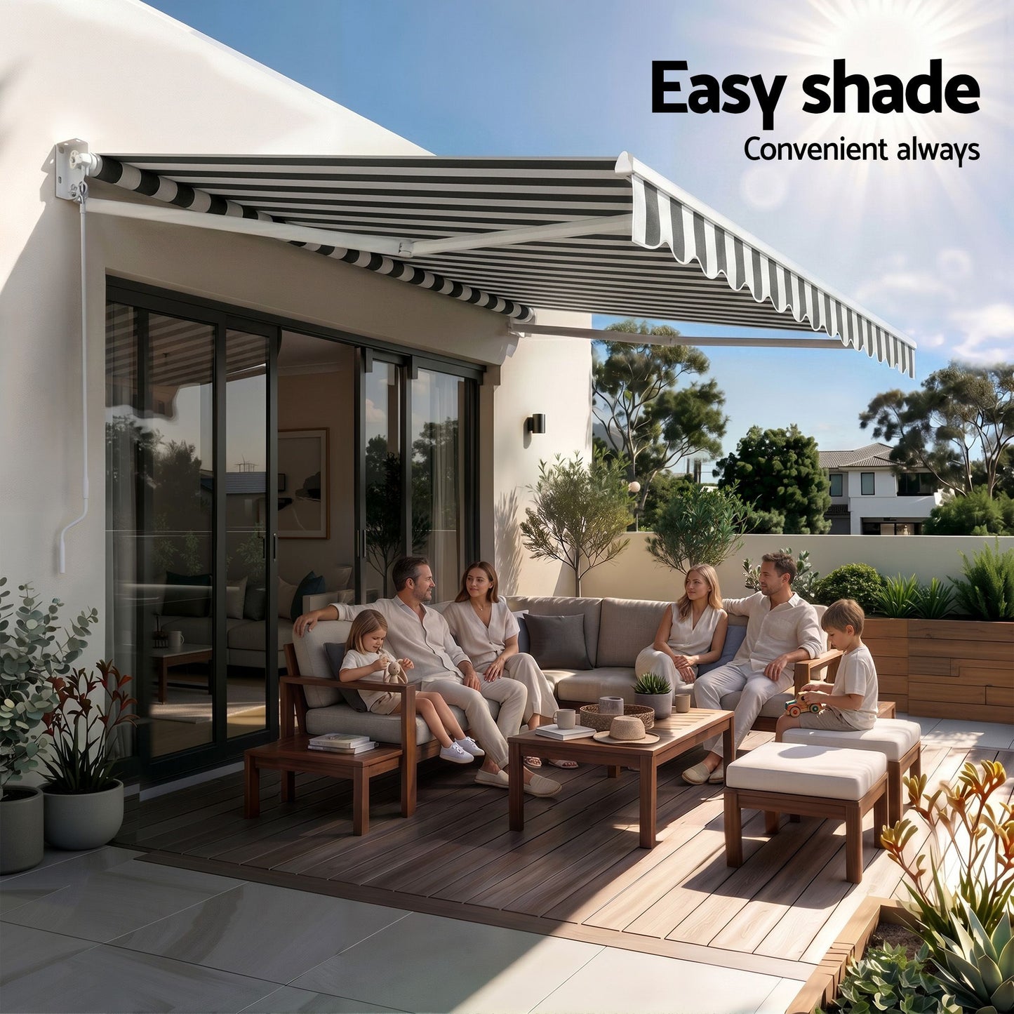 Instahut Retractable Folding Arm Awning Manual Sunshade 4.5Mx3M Grey White AWN-B-ARM-45X30-GRWH
