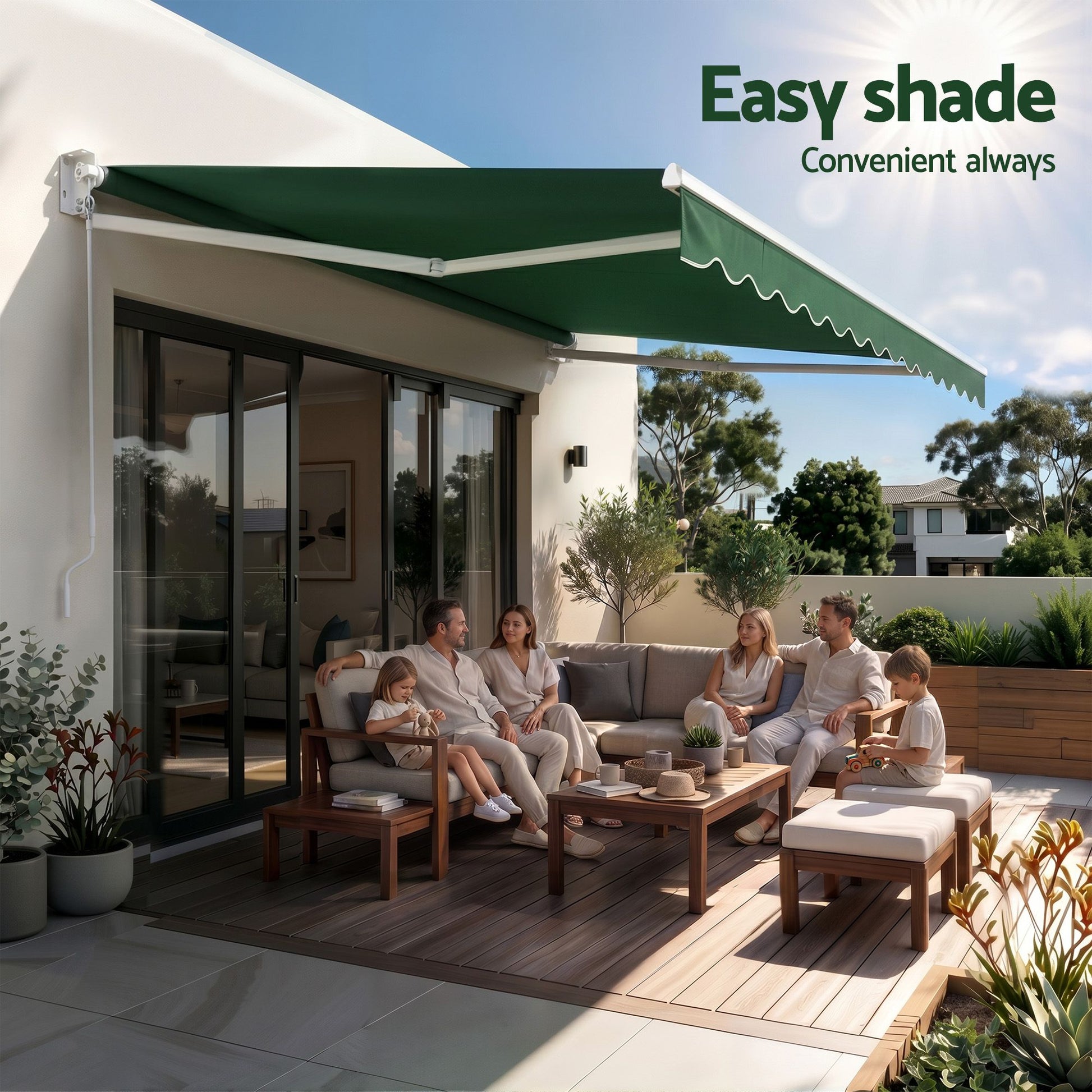 Instahut Retractable Folding Arm Awning Manual Sunshade 5Mx3M Dark Green AWN-B-ARM-50X30-DKGN