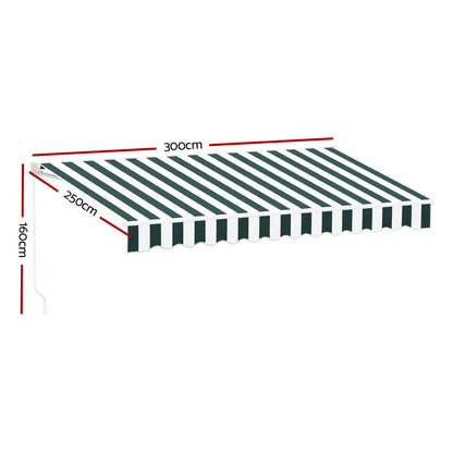 Instahut Retractable Folding Arm Awning Motorised Sunshade 3Mx2.5M Green White AWN-B-ARM-REMOTE-30X25-GNWH