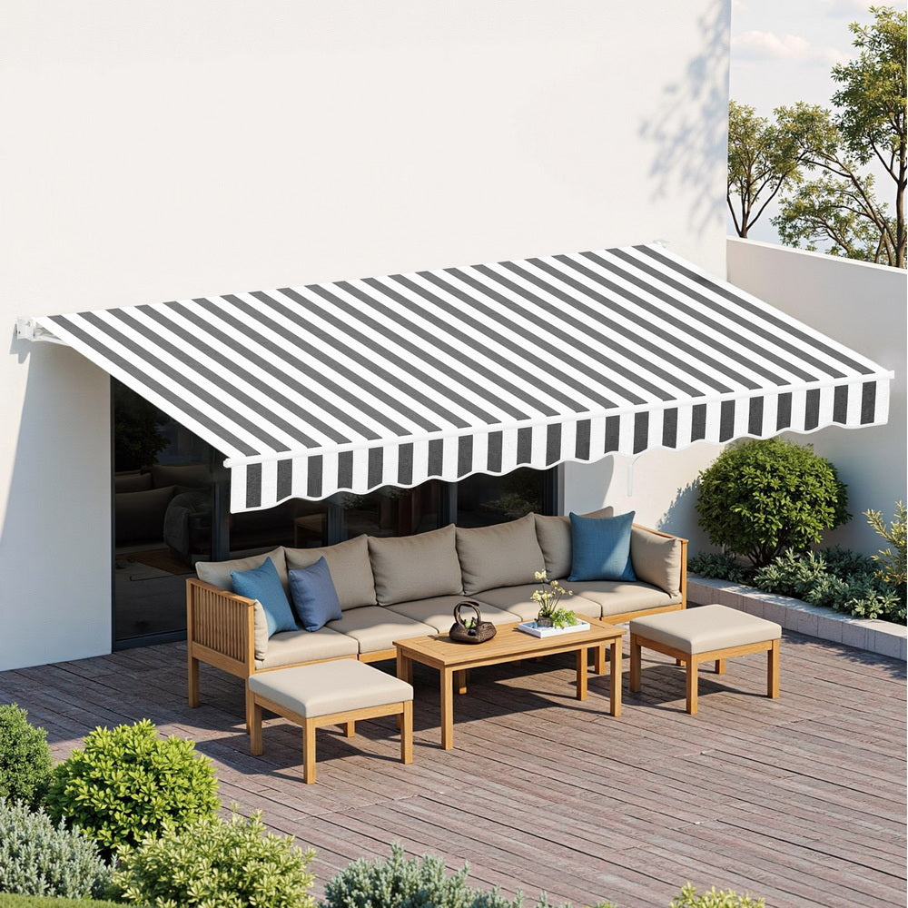 Instahut Retractable Folding Arm Awning Motorised Sunshade 5Mx3M Grey White AWN-B-ARM-REMOTE-50X30-GRWH