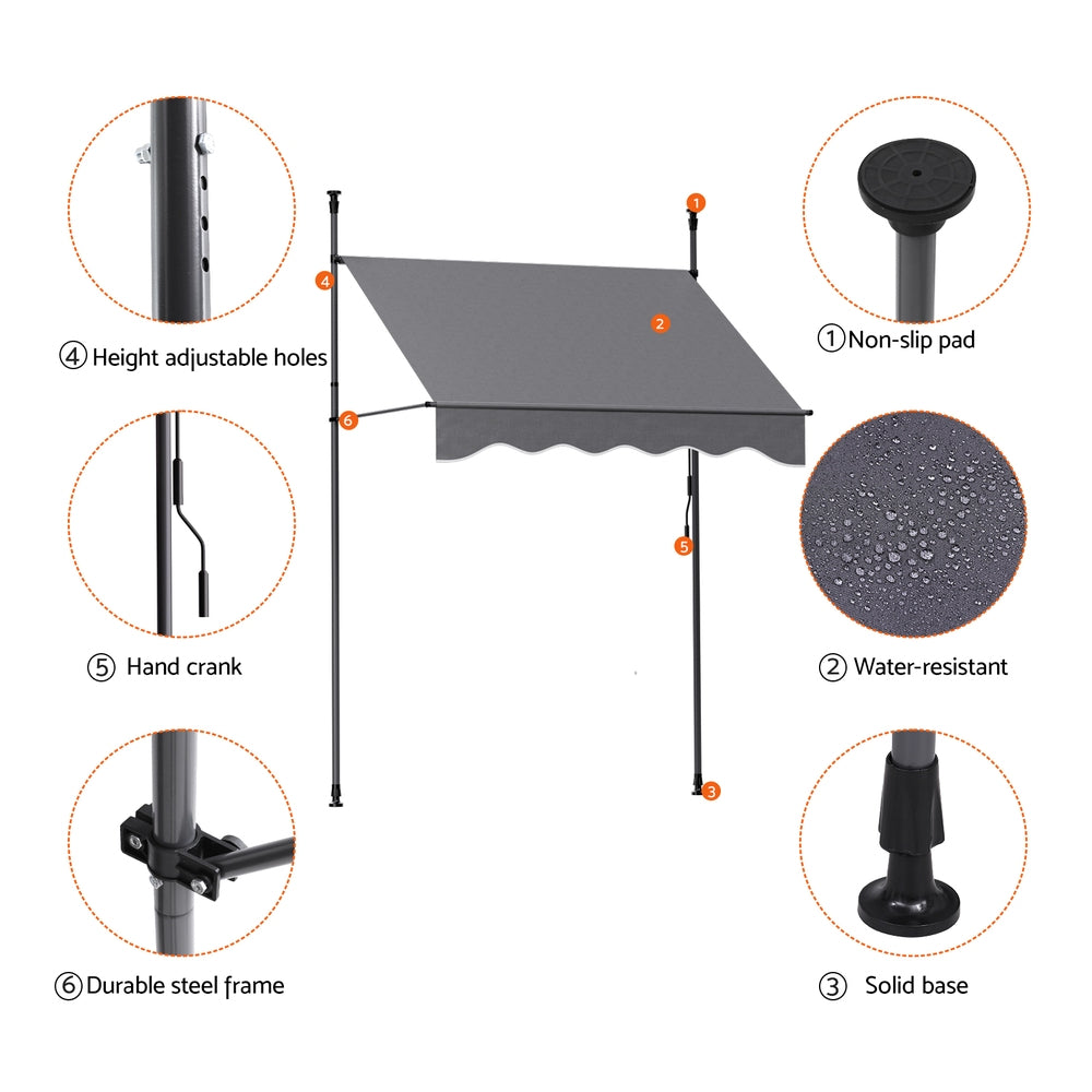 Instahut Window Fixed Pivot Arm Awning Outdoor Door Canopy 2X1.8M Grey AWN-B-FIXED-POLE-12-GY