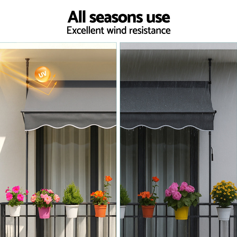 Instahut Window Fixed Pivot Arm Awning Outdoor Door Canopy 2X1.8M Grey AWN-B-FIXED-POLE-12-GY
