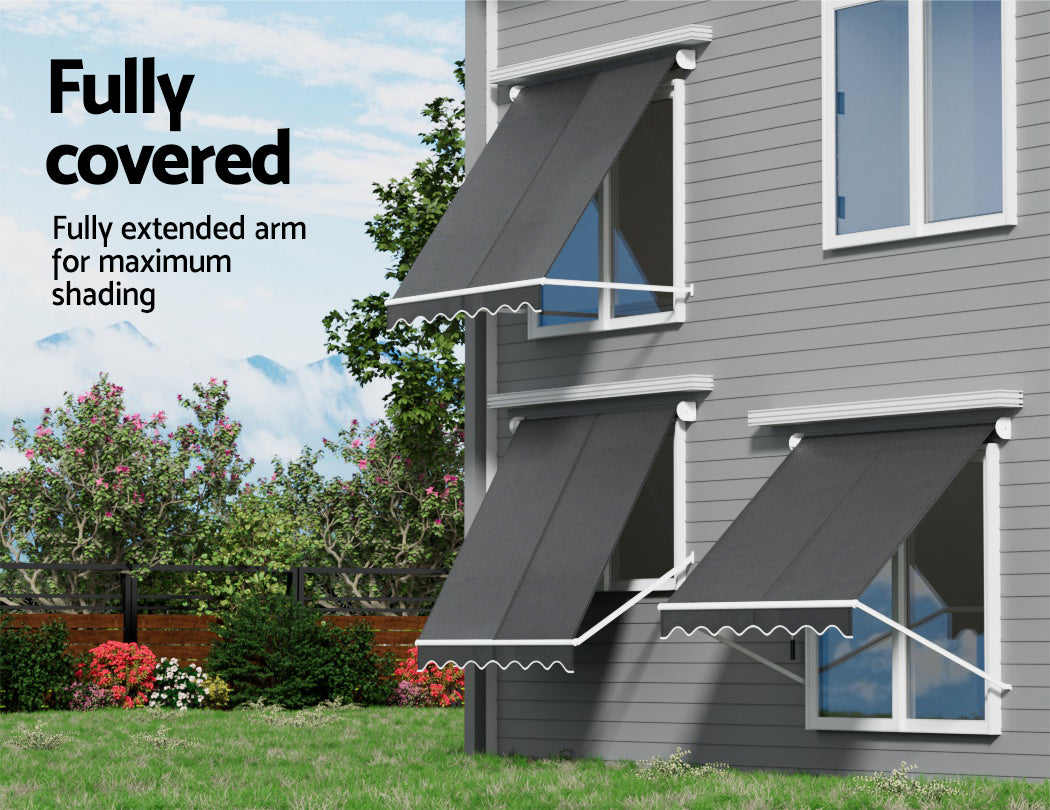 Instahut Retractable Fixed Pivot Arm Window Awning Outdoor Blinds 2.1X2.1M Grey AWN-B-FIXED-PS-21-GREY