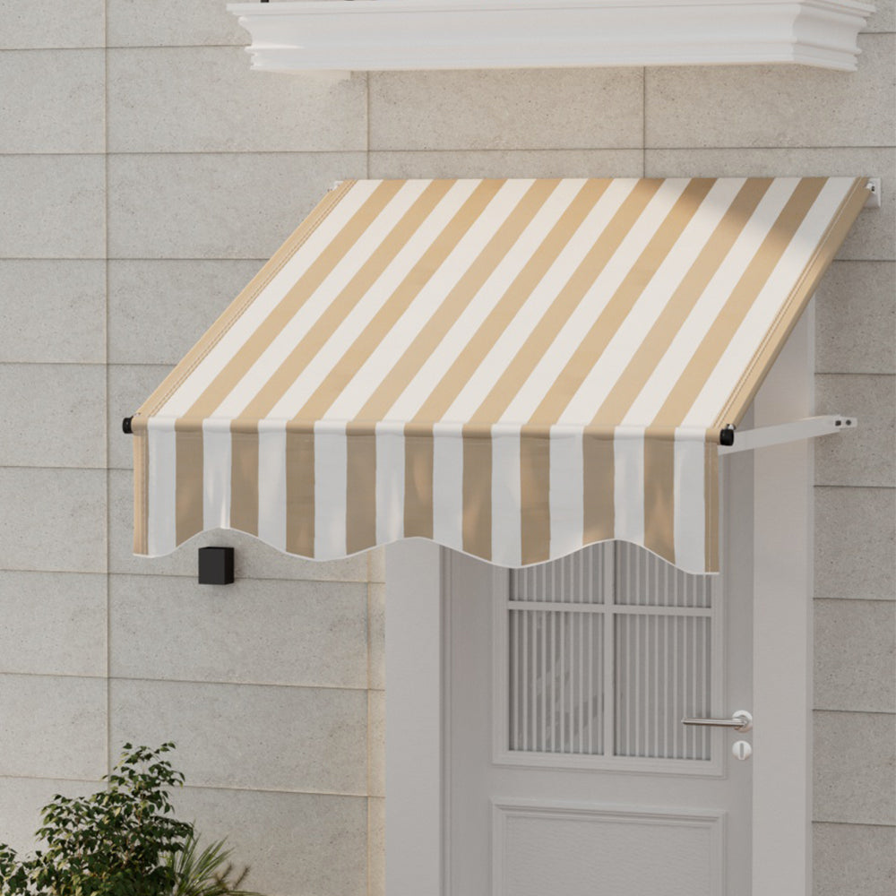 Instahut Window Door Awning 1mx1m Beige White Polyester Fabric Aluminum Frame AWN-B-PS-1X1-BEWH