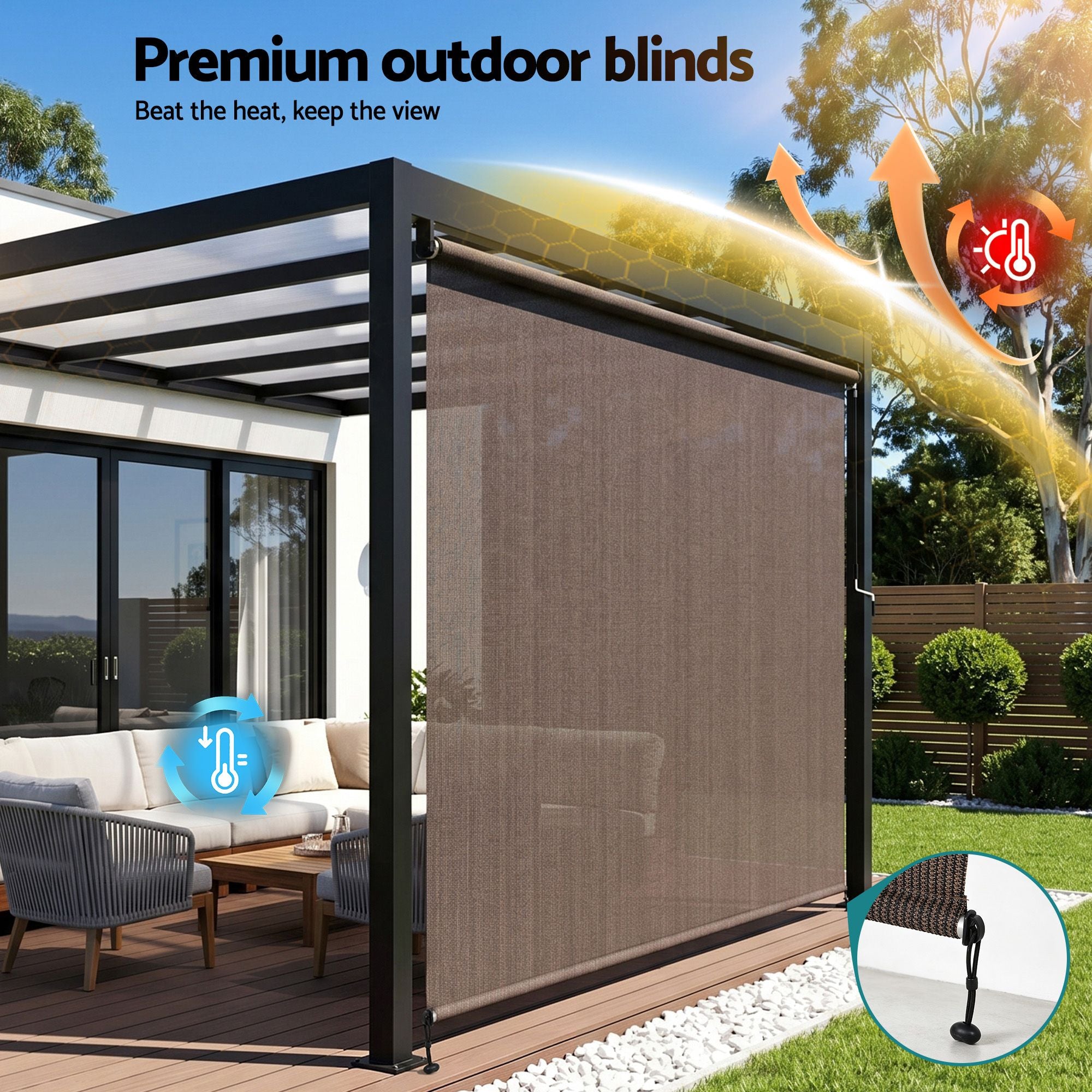 Instahut 3X2.5M Outdoor Blinds Awning Roll Down Retractable Knit Fabric Outdoor Blinds Window Shade Brown AWN-C-DOWN-KNIT-30-BR