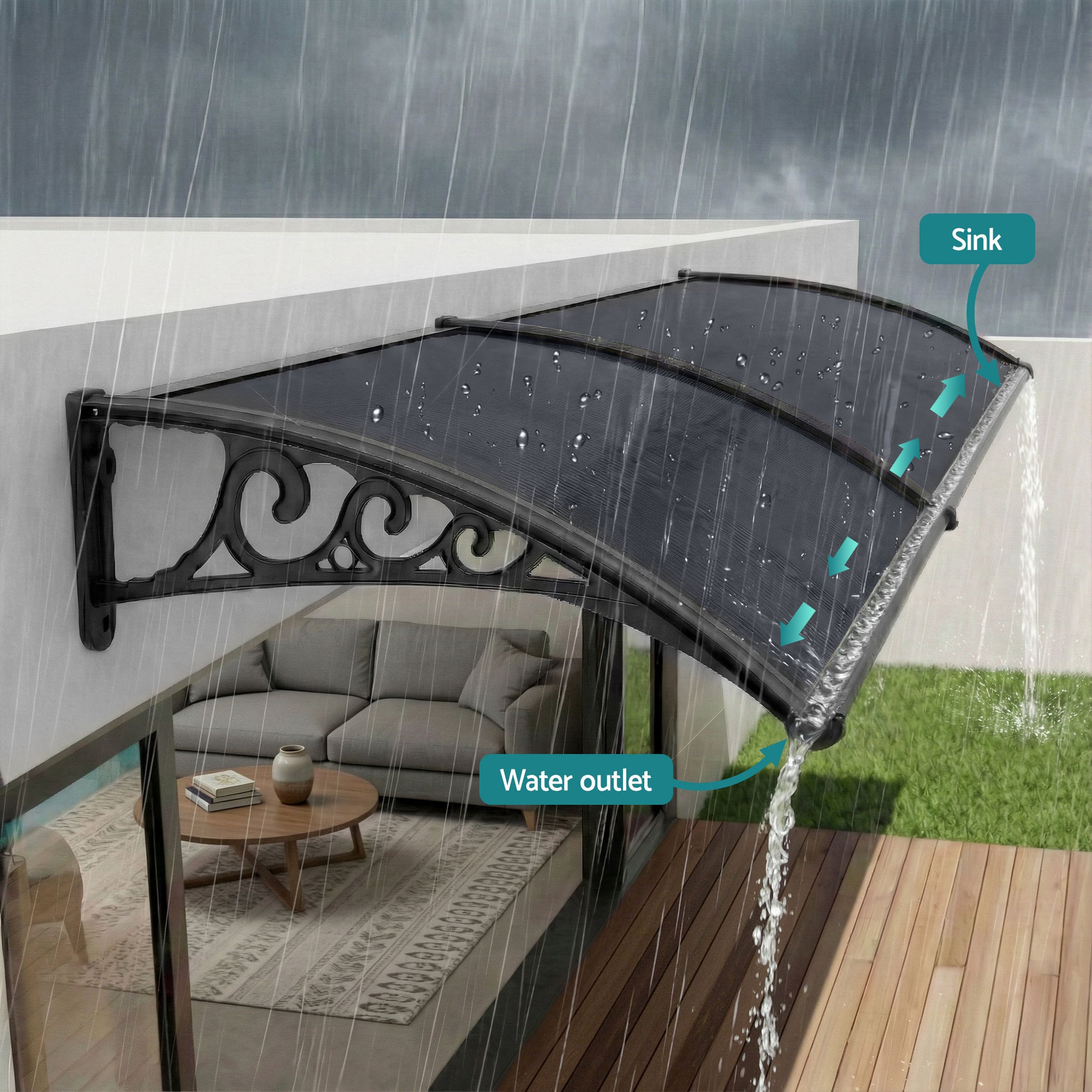 Instahut Window Awning Drainage 0.6mx0.6m Outdoor Grey AWN-DR-06X06-GR