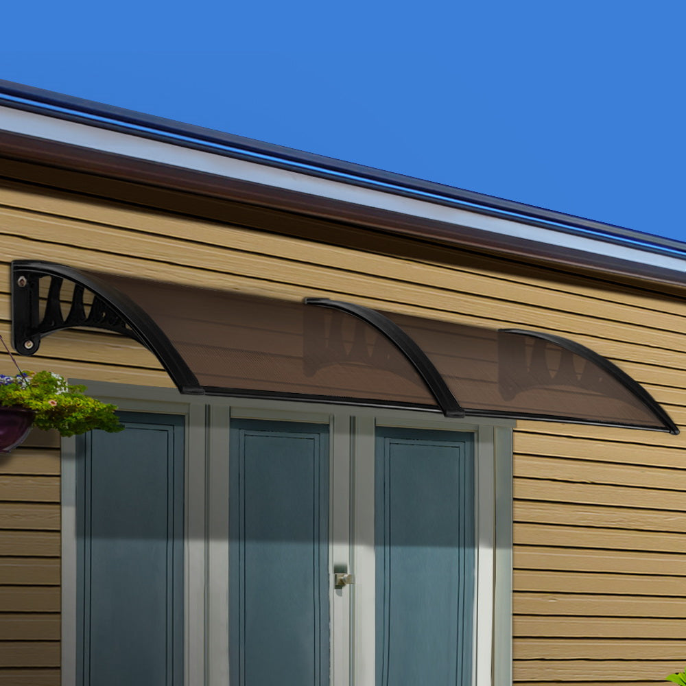 Instahut Window Door Awning 1mx2.4m Brown Hollow Sheet Plastic Frame AWN-PC6-1X24-BR