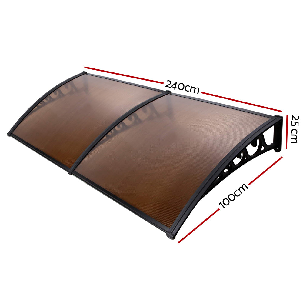 Instahut Window Door Awning 1mx2.4m Brown Hollow Sheet Plastic Frame AWN-PC6-1X24-BR